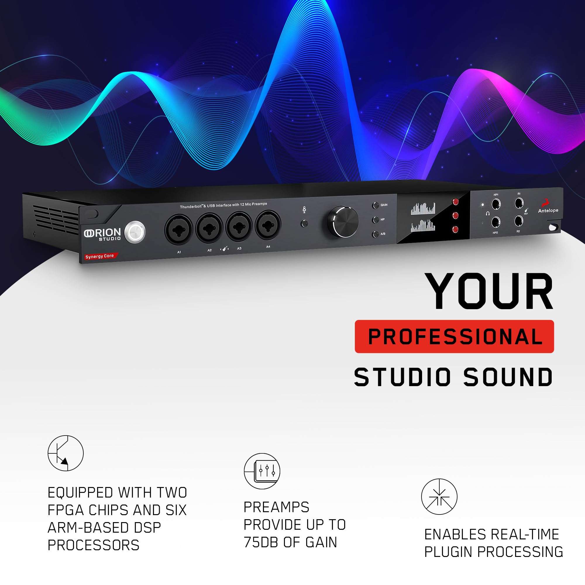 Antelope Audio Orion Studio Synergy Core Professional Digital Audio Interface w/ 12 Preamps & 50 Real-Time Plugins — Thunderbolt 3 Music Recording Studio Interface w/DSP Processing for Mac/Windows 4