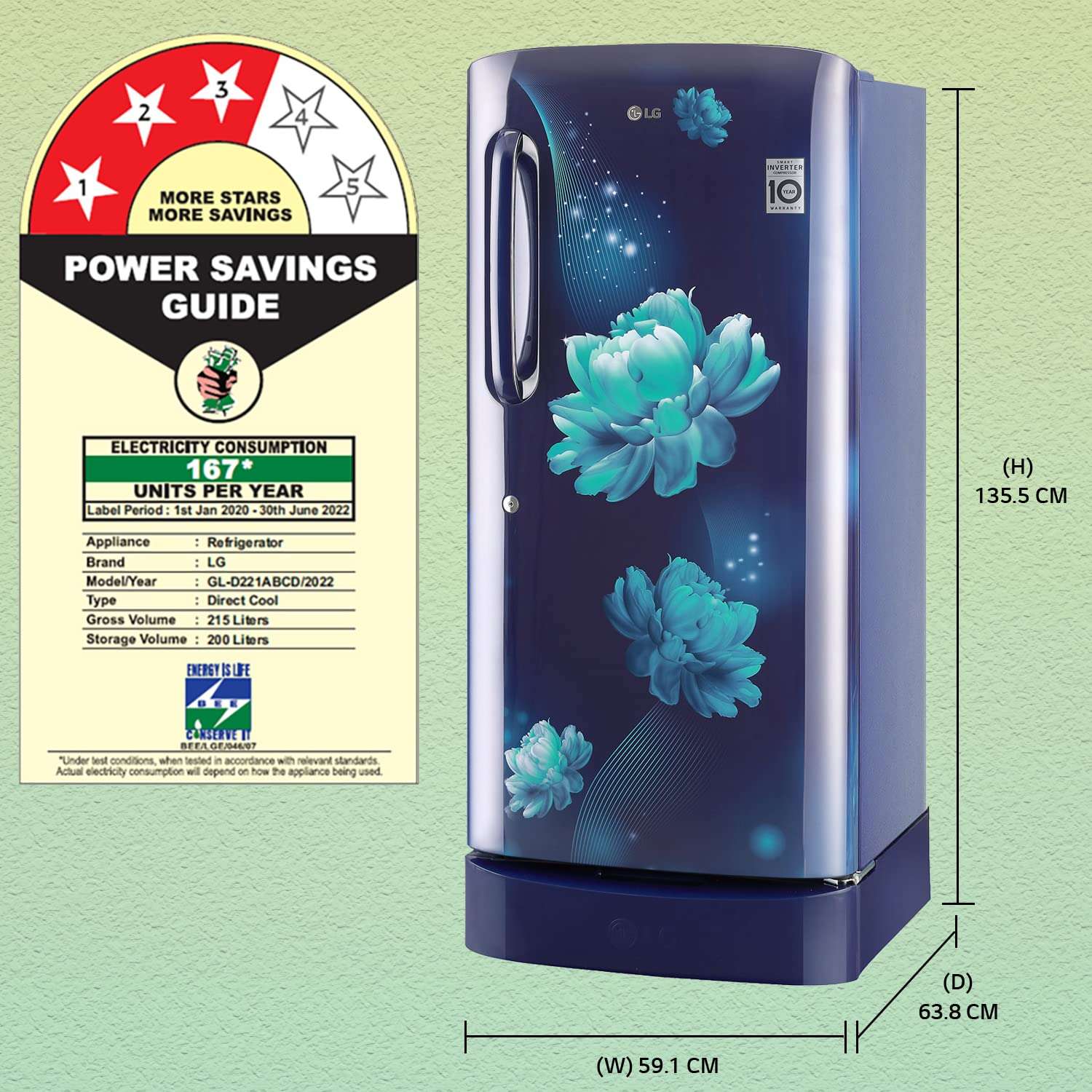 LG 215L 3 Star Direct-Cool Single Door Refrigerator (GL-D221ABCD, Blue Charm, Base stand with drawer) 4
