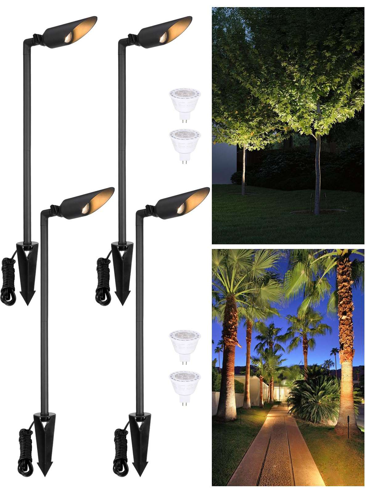 LEONLITE 23.6 Inch 12V AC/DC Low Voltage Landscape Spotlight, LED Outdoor Spot Lights with 7W 3000K MR16 Bulbs, Max 50W GU5.3 Base, Die-Cast Aluminum Uplighting for Garden Tree Yard, Black, Pack of 4 1