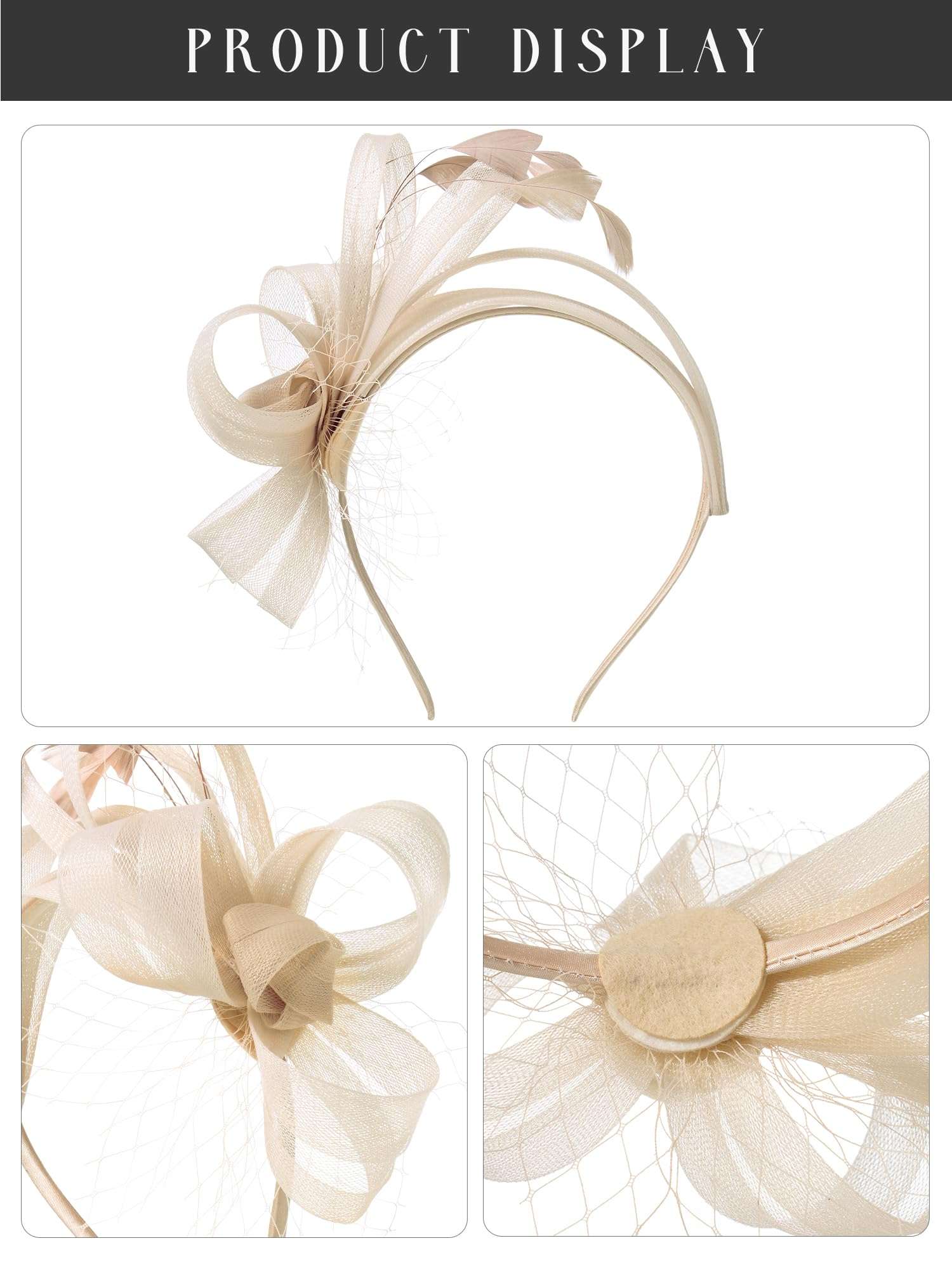 SWEETV Elegant Fascinators Headband with Feather, Women's Tea Party Hat for Kentucky Derby, Cocktail, Wedding, Fancy Dress Party, Champagne 5