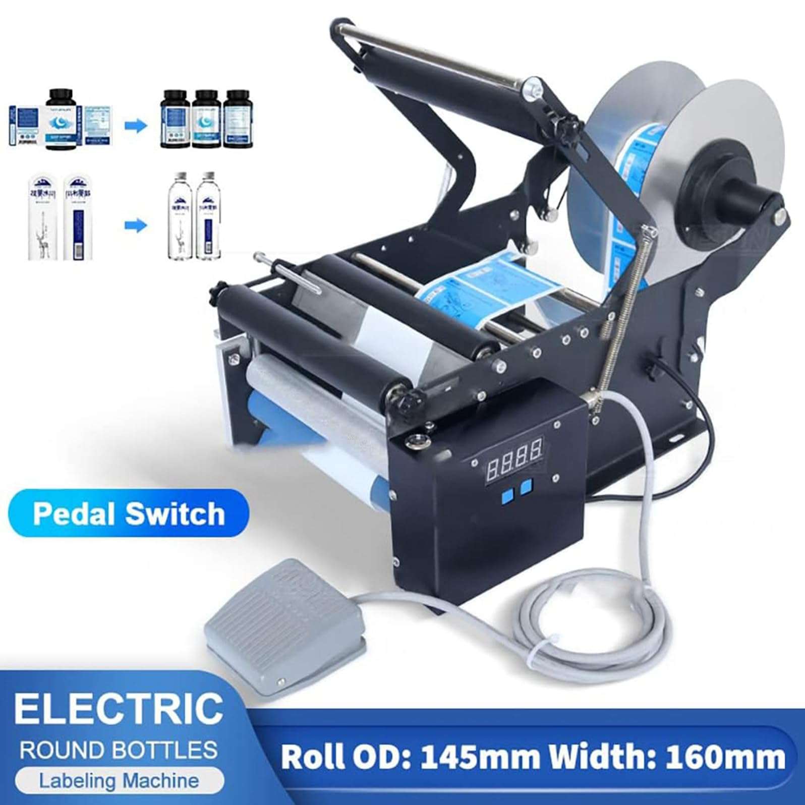 KJZQLMZ Round Bottle Labeler with Foot Pedal, Electric Labeler, Adjustable self-Adhesive Label Printer for cans and Bottles 4