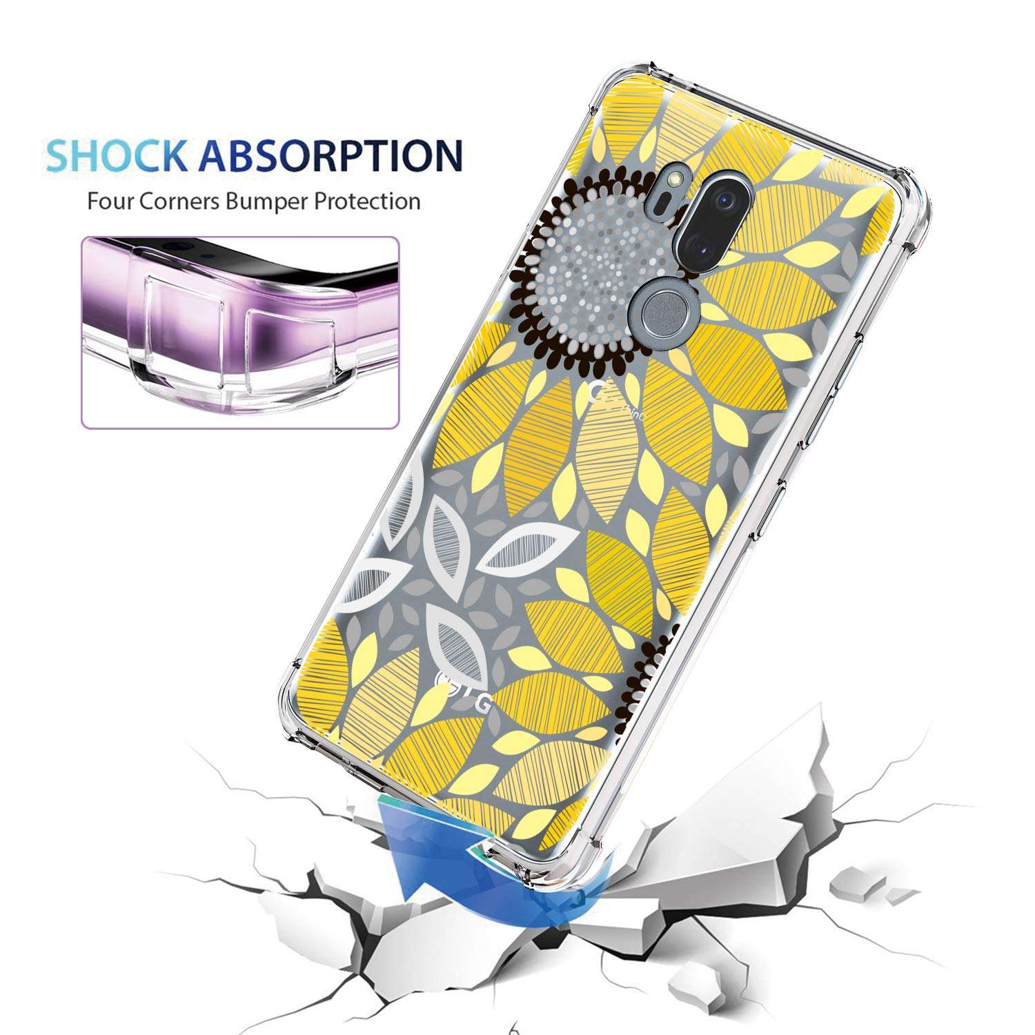 KIOMY Clear Case for LG G7 ThinQ Airbags Corners Shockproof Bumper Protective Cell Phone Back Cover Transparent TPU Flexible Slim Fit Case Cute Sunflower Floral Design 3