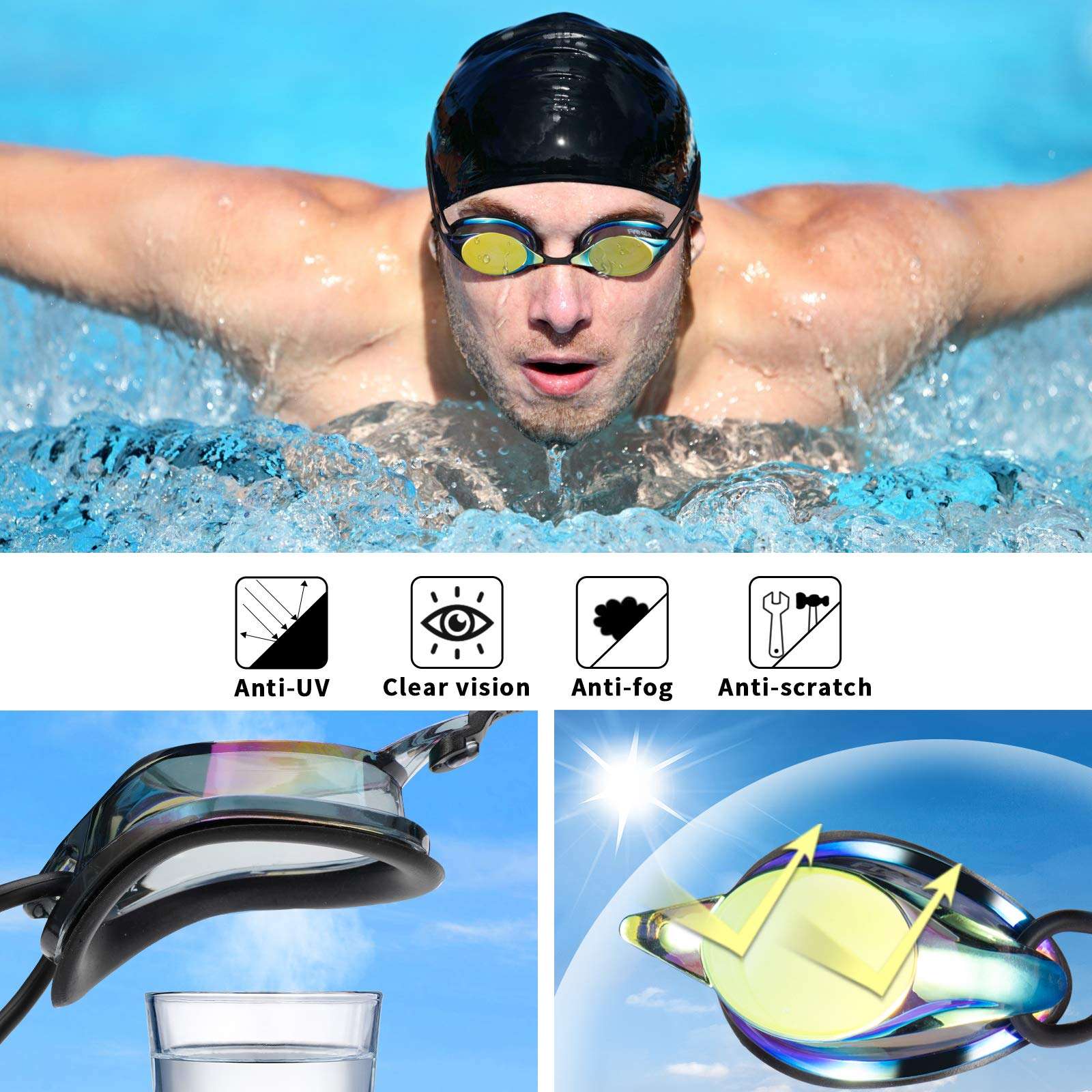 Freela Swim Goggles 2 Pack, Swimming Goggles for Adult Men Women Youth, Ultra-Low Profile Design, Anti Fog, No leak, Competitive Racing Swim Goggles for Competition, Training, Daily Swimming 4