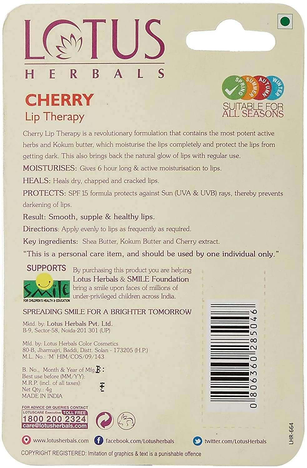 Lotus Herbals Lip Therapy Cherry, 4g (Pack of 2) 4