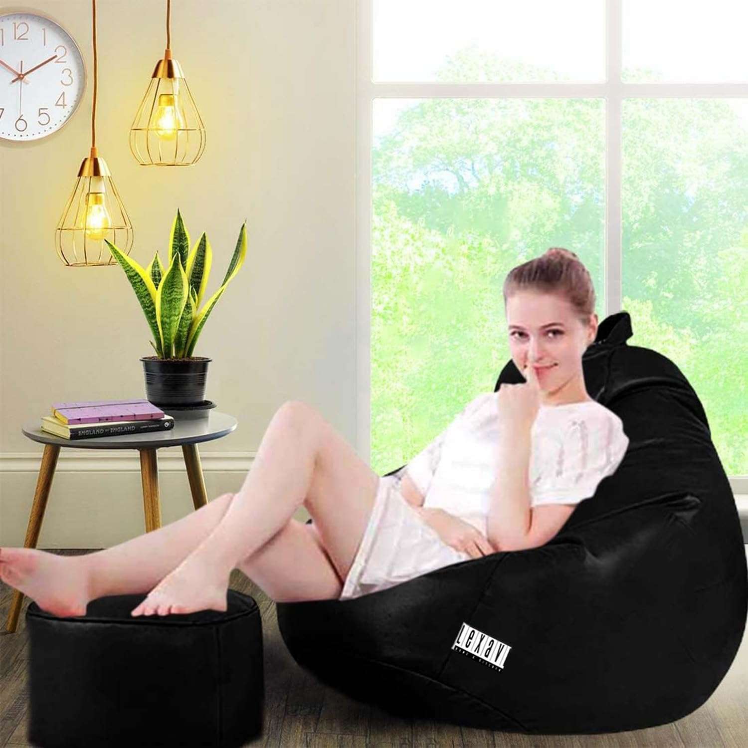 LEXAVI Brand Origial Faux Leatherette| 6 Month Warranty | Quality 4XL Bean Bag with Footrest & Comfy Cushion Filled with Beans (Ready to Use) Special for Corporate & New Year Gifts (Black)