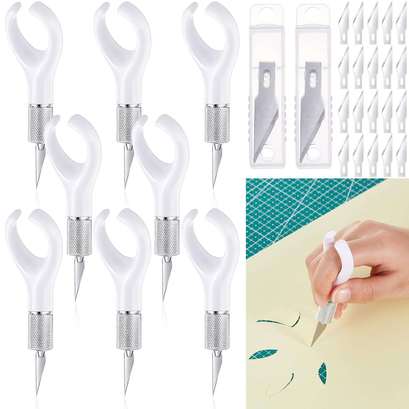 Lasnten 8 Pack Fingertip Craft Knife 4.2 Inch Finger Detail Knife with Blades Ergonomic Hobby Handle with Finger Grip Cutting Tool for Precision Cutting and Trimming, 20 Pcs Blades