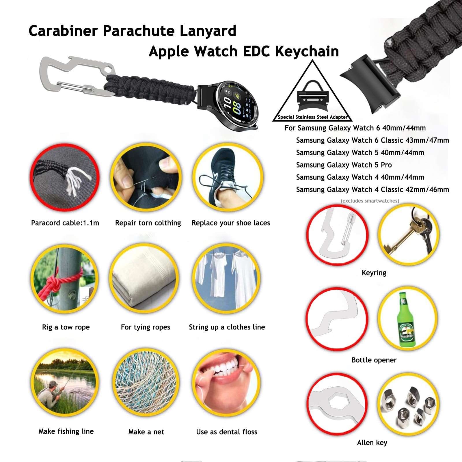 Wuryuema Keychain Clip Watch Band Compatible with Samsung Galaxy Watch 6/6Classic,Galaxy Watch5/5Pro,Galaxy Watch4/4Classic Paracord Watch Strap,No Gap Sport Strap for Galaxy Watch Band Women Men 4