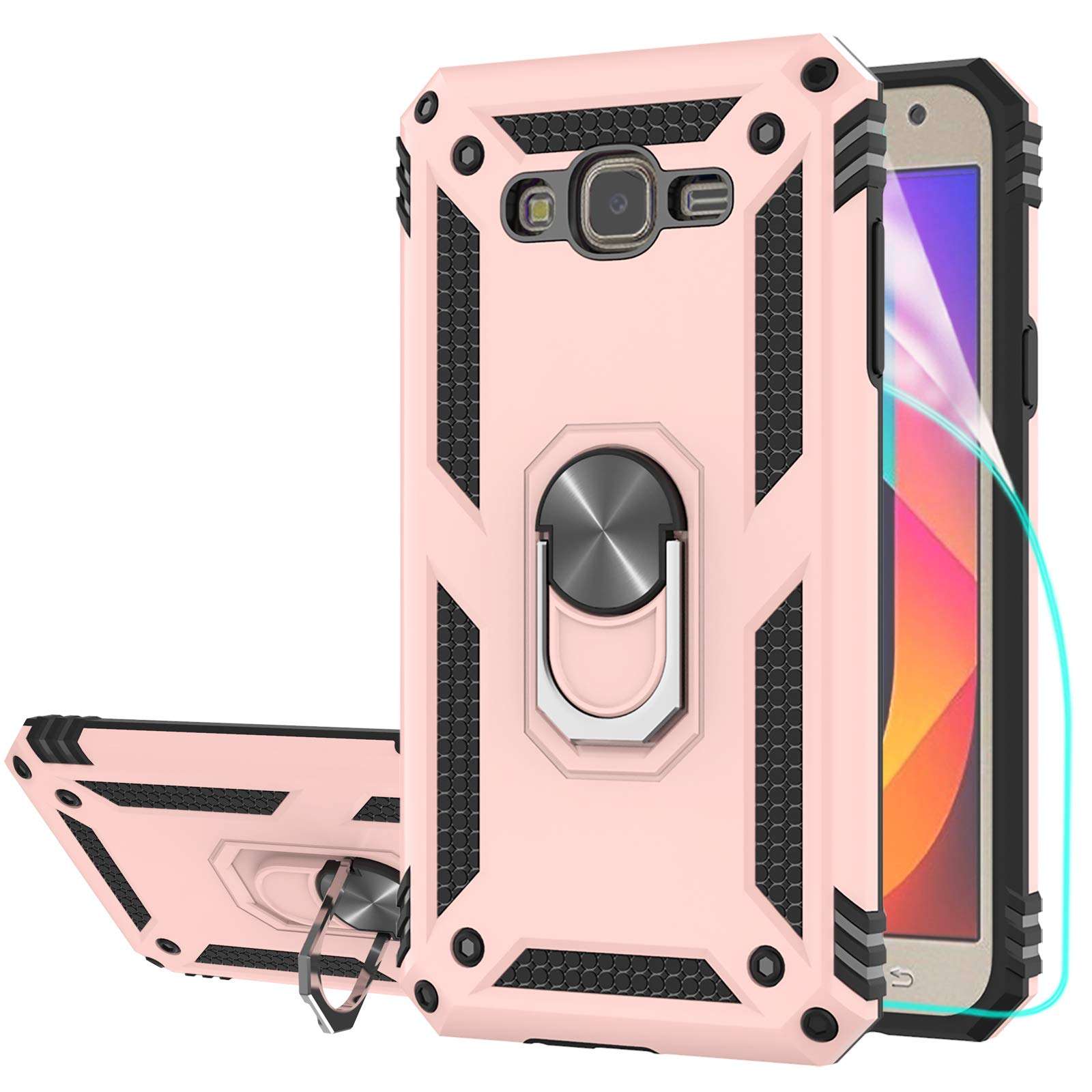 StarLodes Compatible for Samsung Galaxy J7 2015 Case,J7 Neo,J7 Core,J7 Nxt Phone Case,[HD Screen Protector] Heavy Duty Shockproof Protective Cover with Ring Kickstand for Magnetic Car Mount-Rose Gold 1