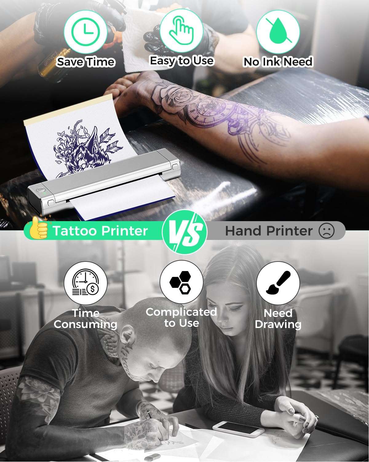 Phomemo Tattoo Thermal Printer Kit with Storage Case & 45 Tattoo Transfer Papers - Wireless Stencil Printer for Tattooing - Compatible with Phones & PCs 3