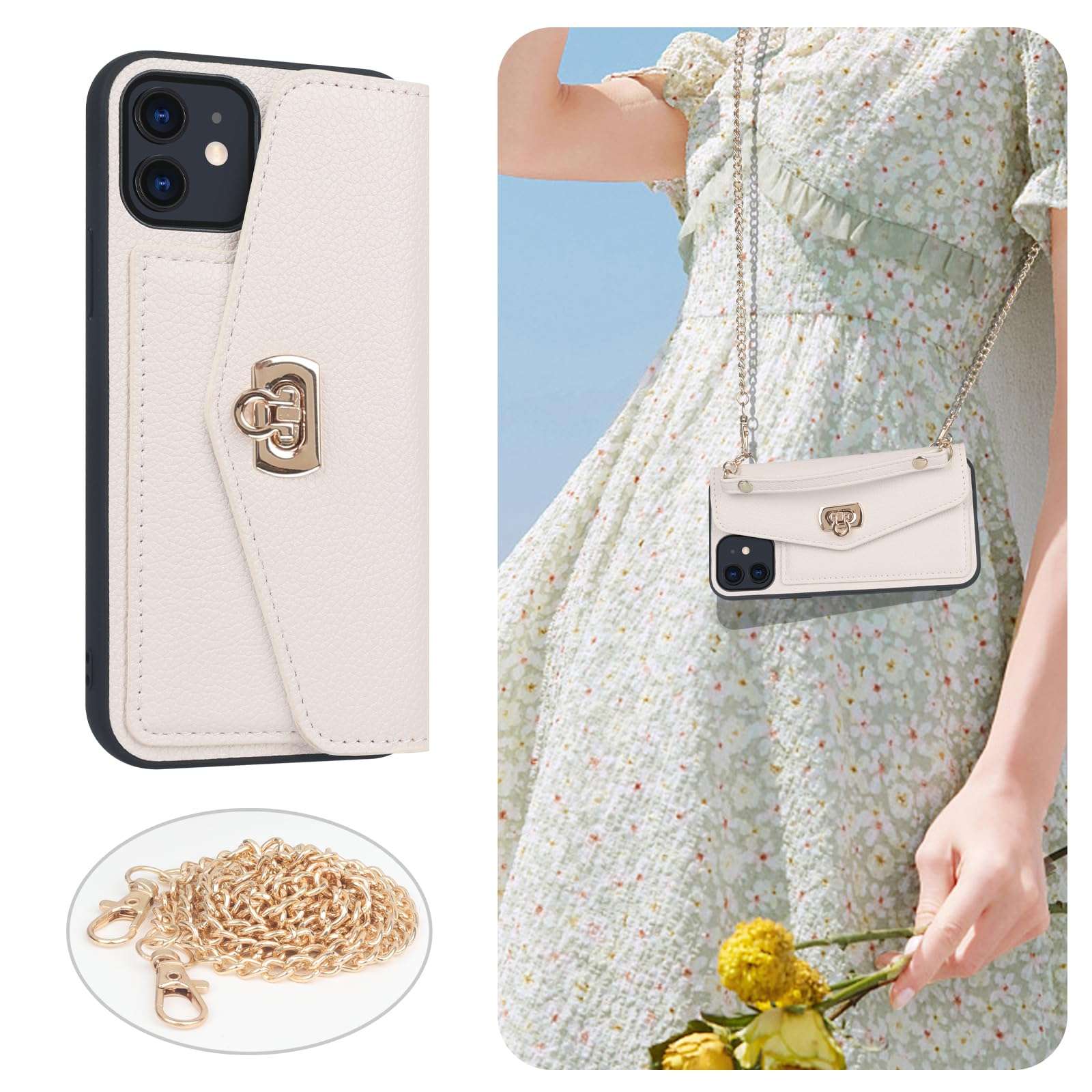 LUVI Wallet Card Holder for iPhone 12 Pro Max Case with Crossbody Neck Strap Lanyard Purse Handbag Shoulder Strap Cover PU Leather Luxury Fashion 3D Crocodile Snake Skin Case 6.7 inch White 2