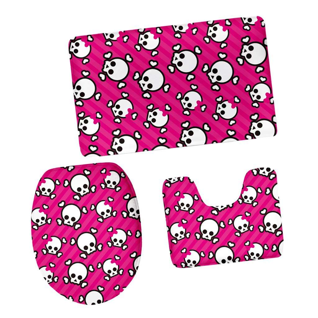 Whitleys Set of 3PCS Home Bathroom Toilet Table Kitchen Use Skull Pattern Design Toilet Covers Non-Slip Bathmat Carpet Rug #4 1