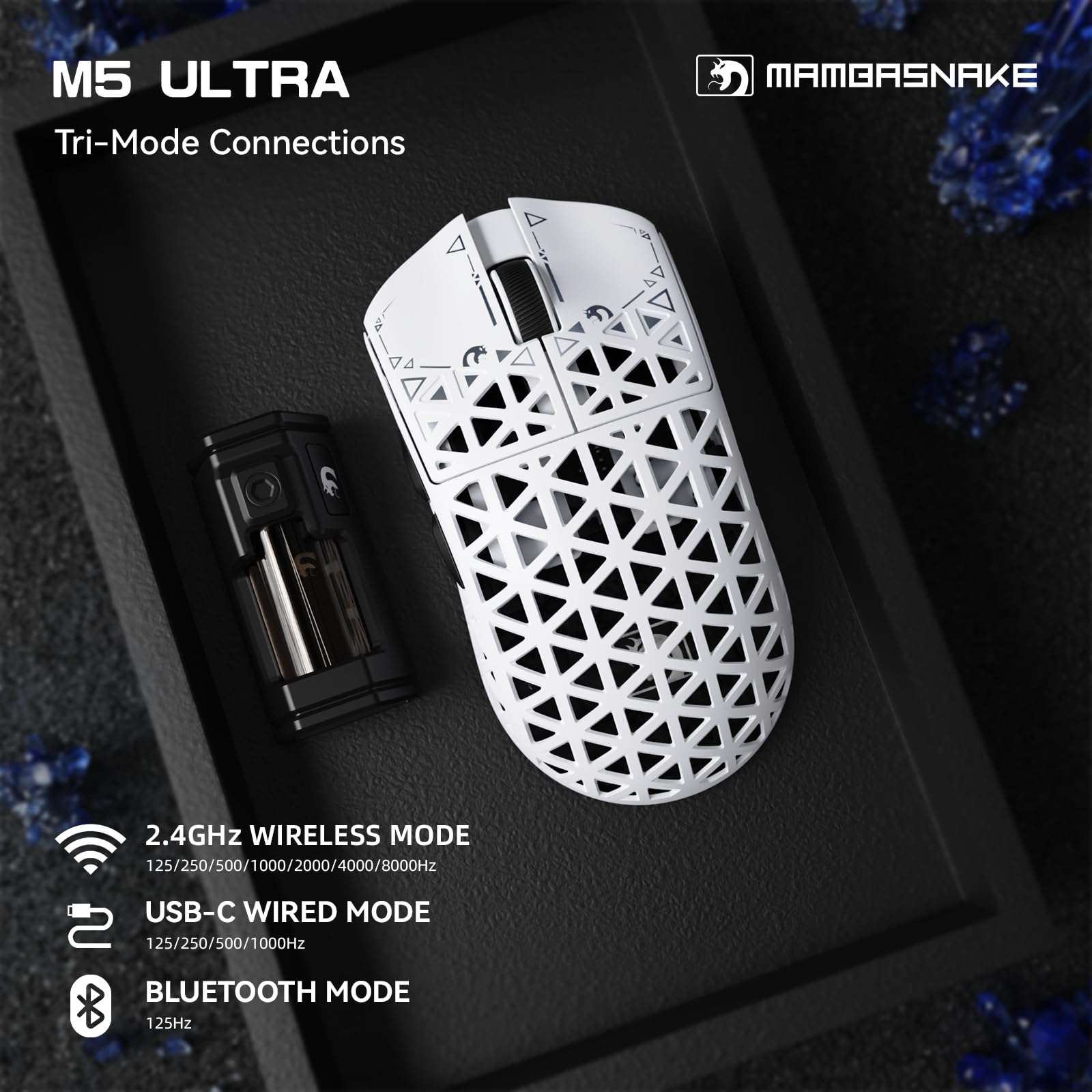 MAMBASNAKE M5 Ultra Carbon Fiber 8000Hz Wireless Gaming Mouse, 39g Superlight, 42000DPI, PAW3950MAX Sensor, Nordic 52840 Chip, Bluetooth/2.4G/USB-C Wired Mice wih Coiled Cable for PC/Mac (White) 5