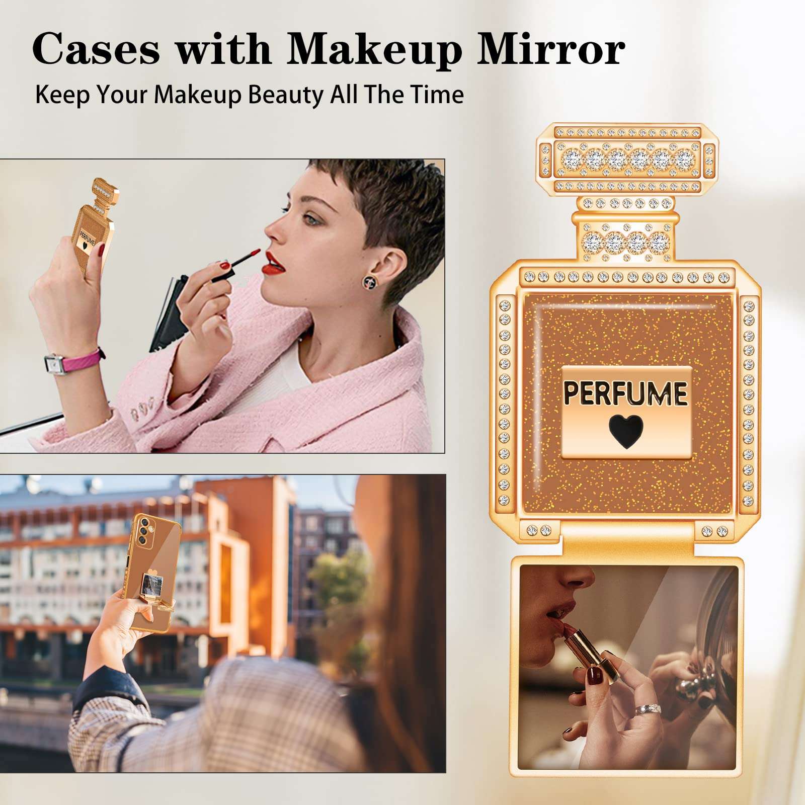 Buleens for Galaxy A13 5G Case with Metal Perfume Bottle Mirror Stand, Cute Women Girly Heart Cases for Samsung Galaxy A13 5G Case, Elegant Luxury Phone Cover for Samsung A13 5G Case 6.5'' Brown 4