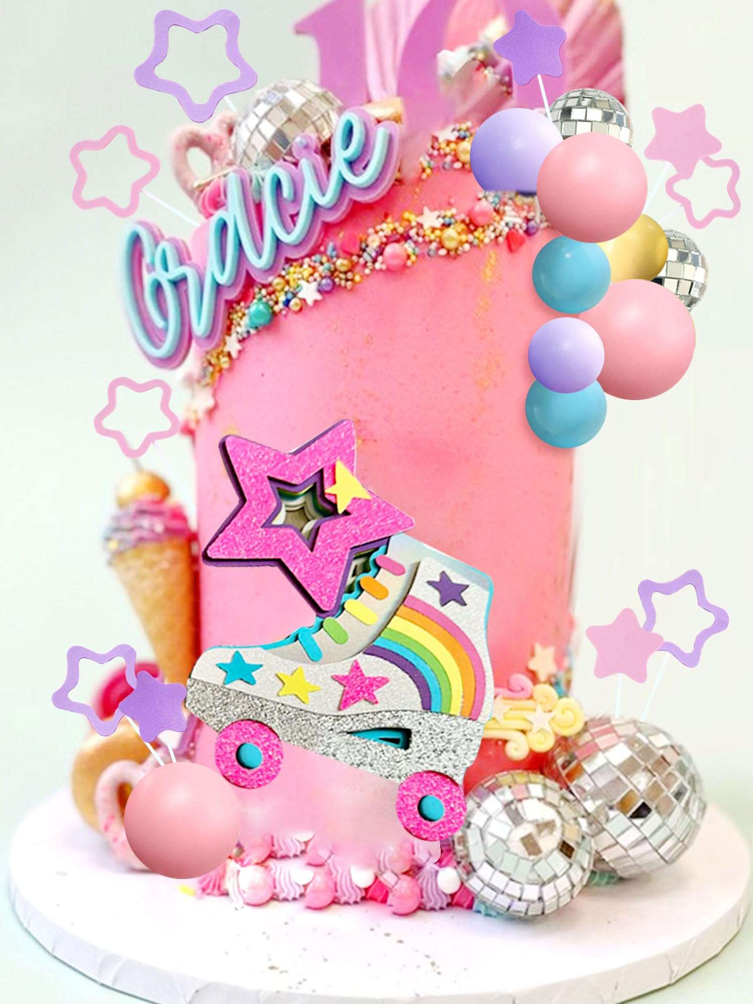 JeVenis Luxury Roller Skate Cake Topper Roller Skate Cake Decorations 80s Cake Topper Disco Ball Cake Decorations 90 Cake Topper Girl Cake Topper Roller Skating Party Supplies 3