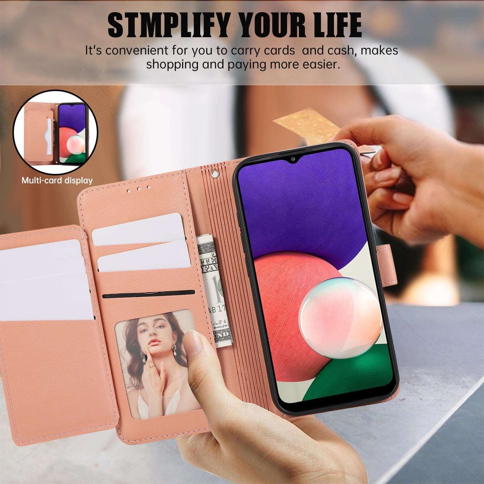 Furiet Wallet Case for Samsung Galaxy A22 5G with Wrist Strap and Shoulder Strap Card Holder Stand Flip Stylish PU Leather 7 Card Slots RFID Blocking Phone Cover for A 22 22A A22s G5 Women Girls Pink 5