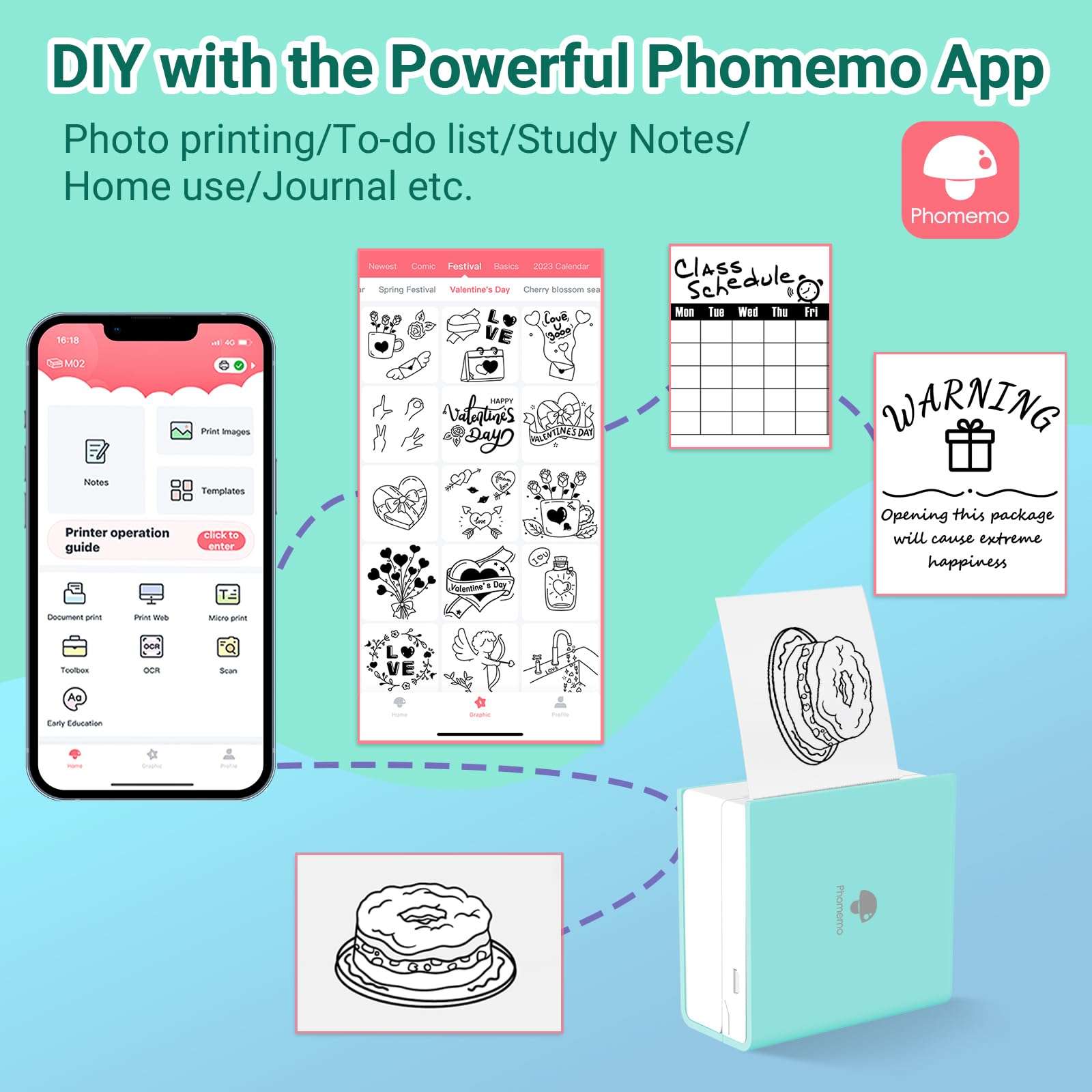 Phomemo M02 Pocket Printer - Mini Bluetooth Portable Mobile Inkless Thermal Printer Compatible with iOS + Android - for Pocket Study Notes, Photos, Work, Journal (Ice Cream Green) 3