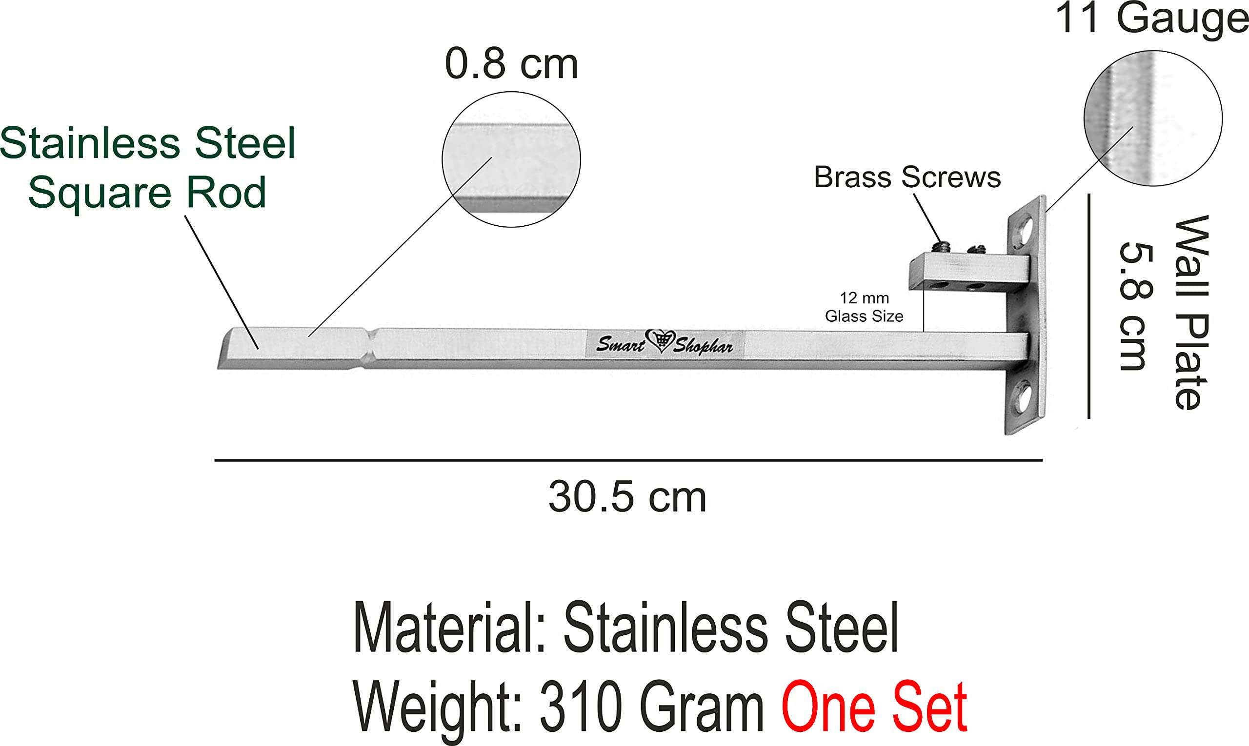 Smart Shophar Stainless Steel F Type Square Glass Shelf Bracket 12 Inches 12 MM Silver, Pack of 2 Sets / Sleek and Functional / Ideal for Showrooms or Retail Spaces / Mounting Hardware 5