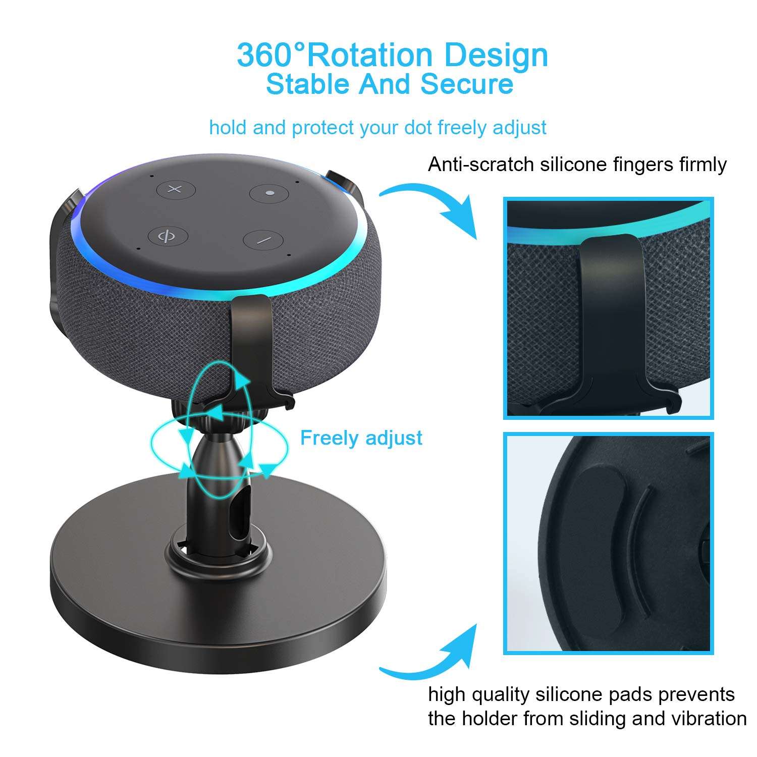 Fiada Table Holder for Dot 3rd Generation, 360°Adjustable Stand Mount Bracket Cradle with Rubber Protection for Smart Home Speaker, Improves Sound Visibility and Appearance, 2 Packs 2