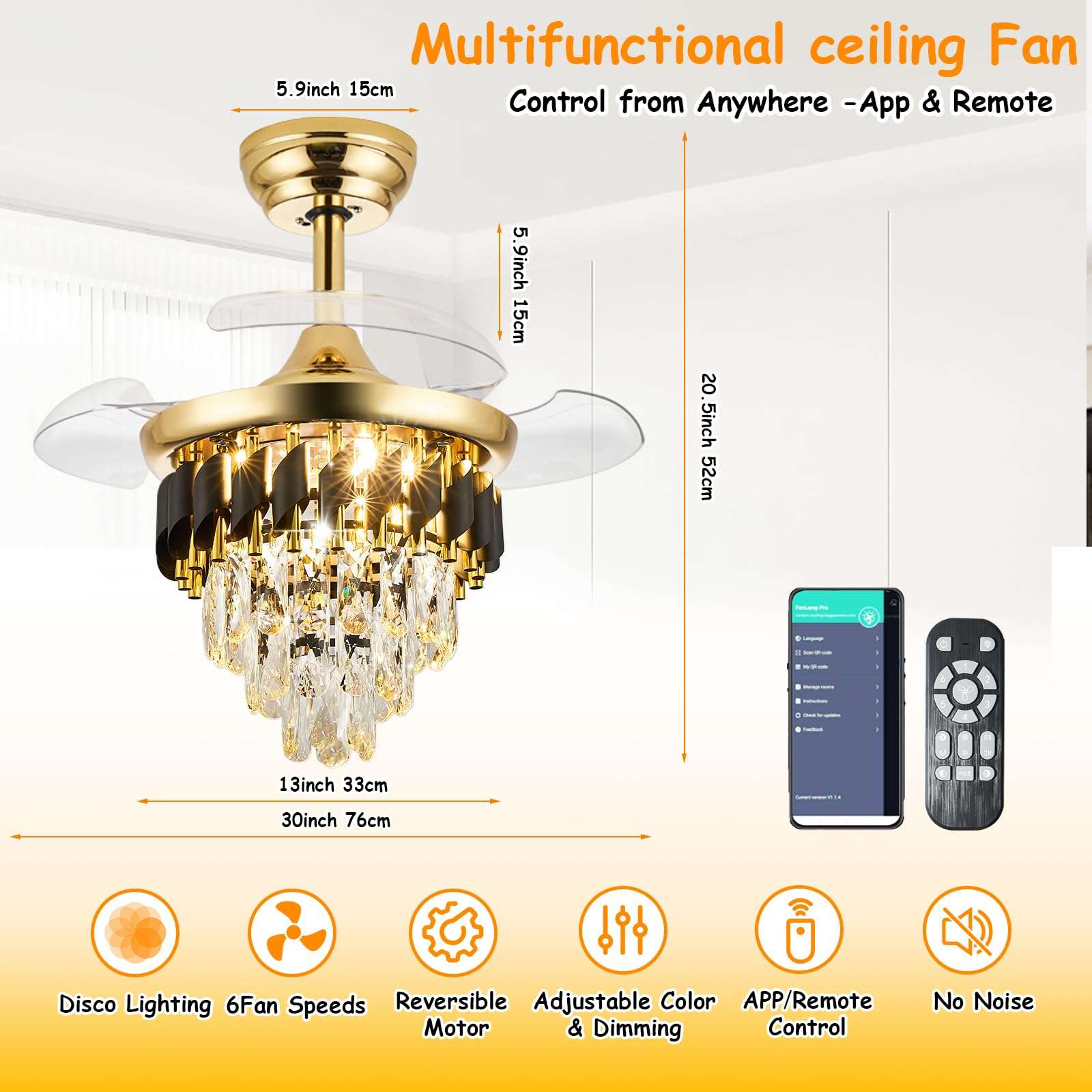 LumZeylith 30" Retractable Crystal Ceiling Fan with Light, RGB Modern Chandelier Fan 6 Speeds Reversible Blades Gold 3