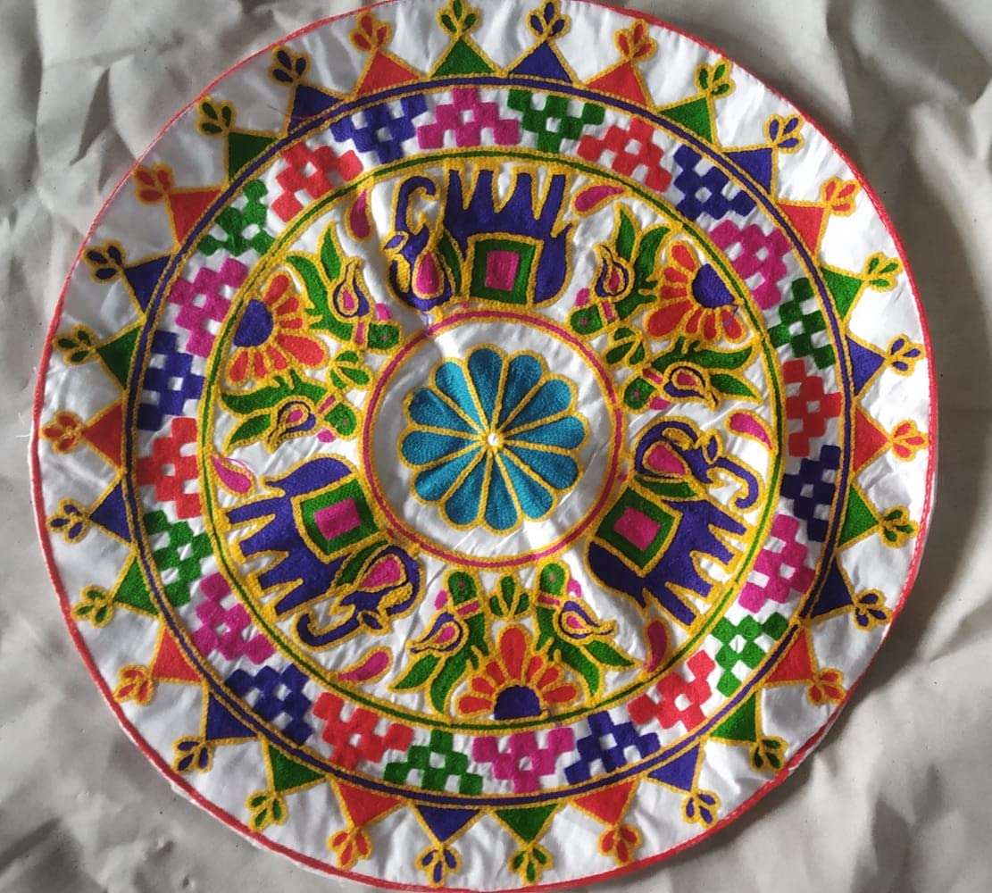 MGC Traditional White Round Cotton Katchi Work Embroidery Finished with Elepahant Design for Wall Hanging , Pooja Decor, Festival Vibes 1