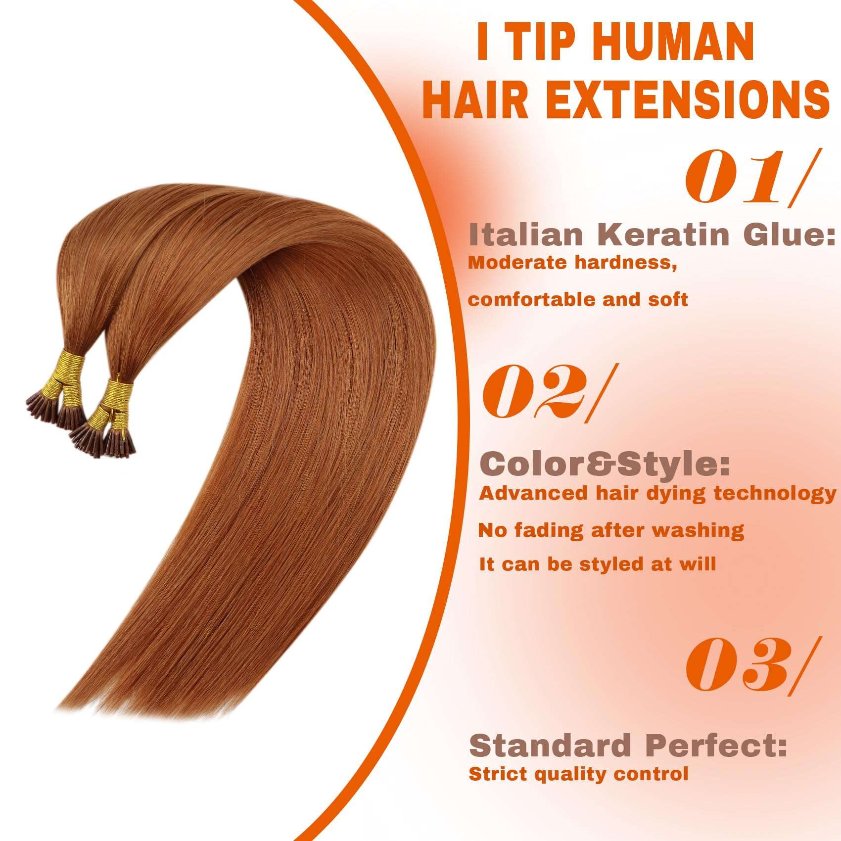 Sunny Hair 50g 100s Sunny I Tip Hair Extensions Human Hair Copper Itip Human Hair Extensions for Women Copper I Tips Hair Extensions Cold Fusion I Tip Real Human Hair Extensions Colorful 14inch 4