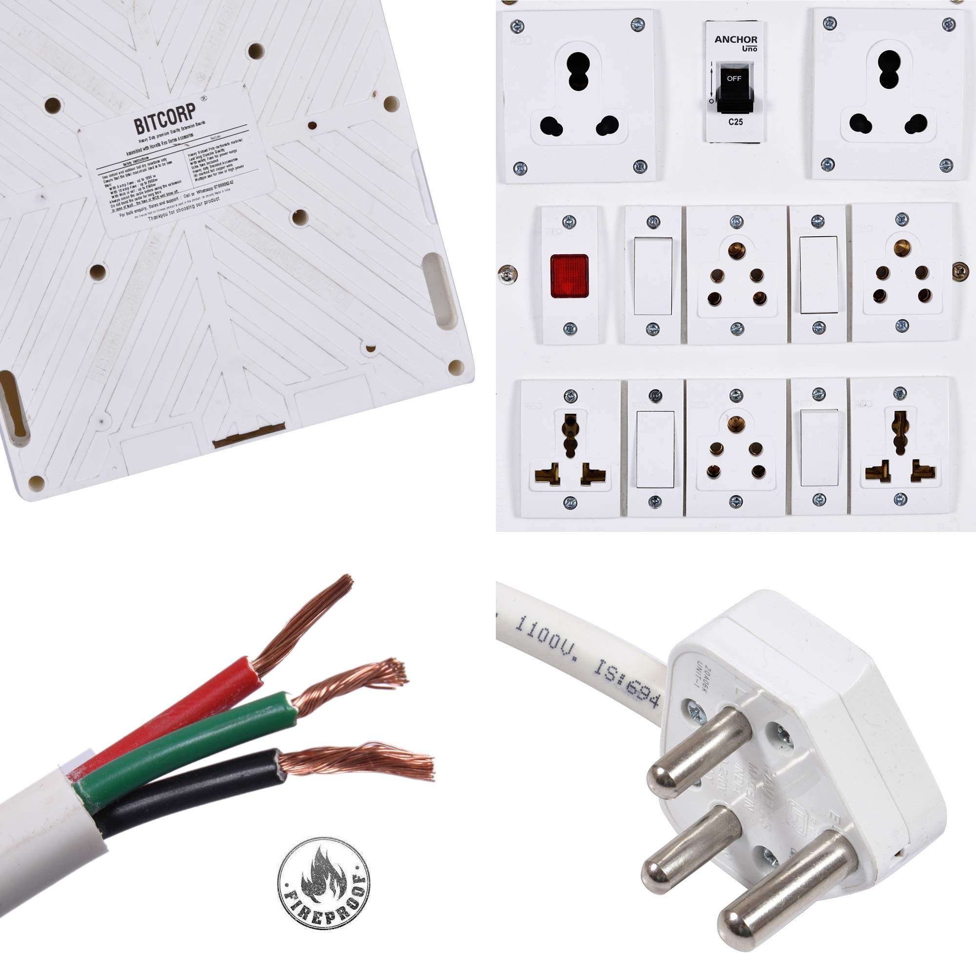 BITCORP Extension Cord(3500W) 6A 16A 20A Spike Guard Thermal Protection 4 Way Multi Outlet 3 Pin 2 Switch Power Cord With 2 Meter Long Wire Cable Suitable For Small&Heavy Duty Appliance,220 Volts 6
