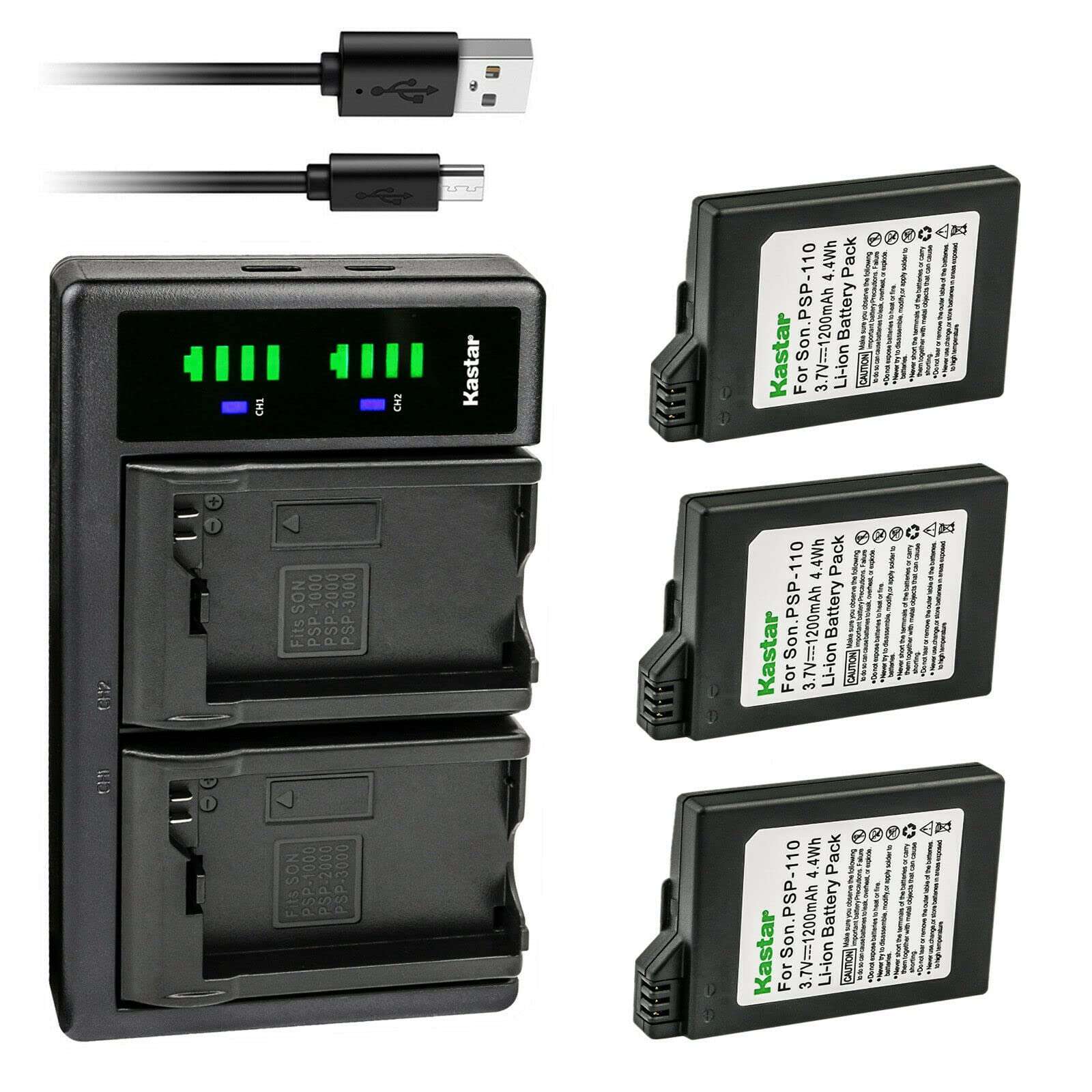 Kastar 3-Pack PSP 110 Battery and LTD2 USB Charger Replacement for Sony PSP-Lite, PSP-Silm, PSP2000 PSP2001 PSP2002 PSP2003 PSP2004 PSP2005 PSP2006 PSP2007 PSP2008 PSP2009 PSP2010 PSP3000 PlayStation 1
