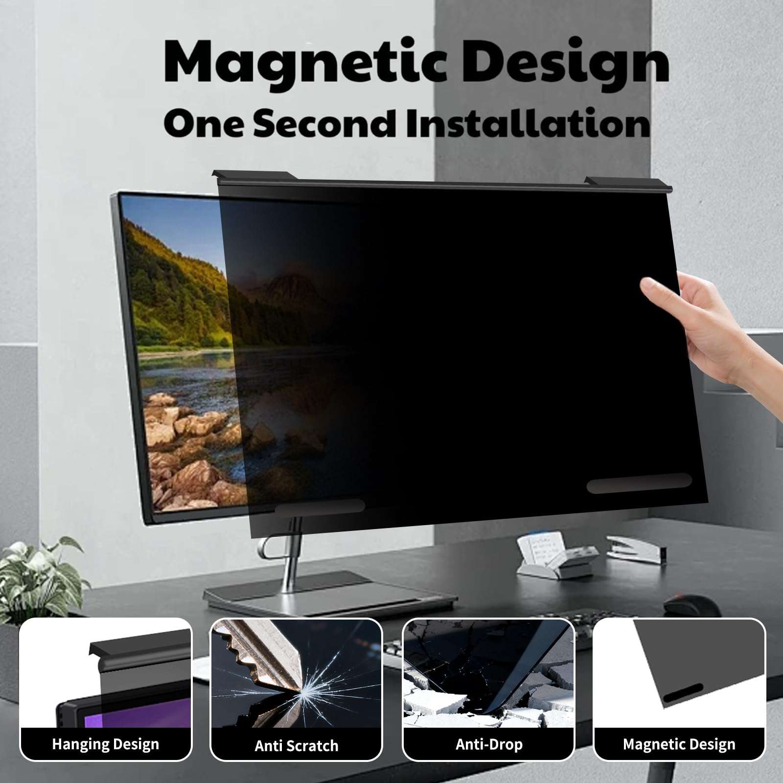 Magnetic Privacy Screen for 27 Inch Monitor, 16:9 Aspect Ratio Computer Polycarbonate Anti Spy Filter, Aluminum Alloy Frame Anti-Glare Blue Light Shield, Removable Anti-Peeping Screen Protector for Desktop PC & Monitor 4