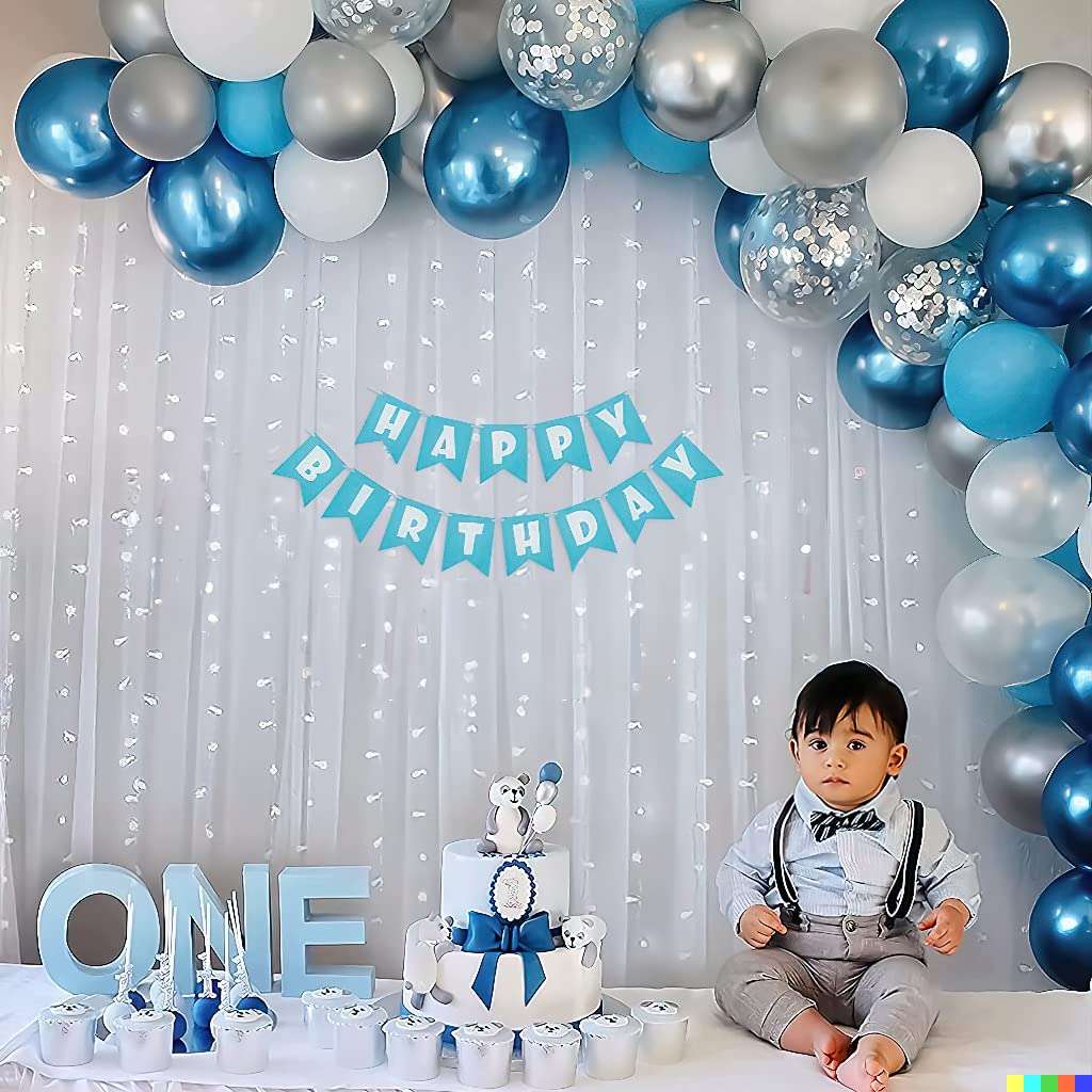 SpecialYou.in Birthday Decoration Kit for boys with white net curtain, Silver, White & blue Balloons, & Fairy LED lights(40Ft Long),1st birthday decoration items for baby boy, Birthday Decor- 66 pcs 1