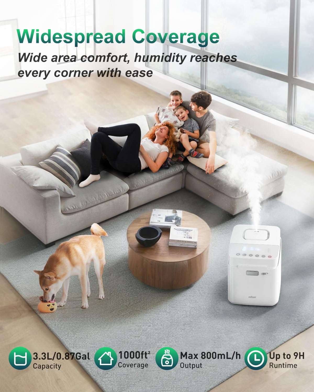 Mifasol Stainless Steel Humidifier, 3.3L/0.87Gal Steam Humidifier Large Room up to 1000 sq ft, Easy to Clean Warm Mist Humidifiers for Bedroom Baby Nursery Home Office, White 5