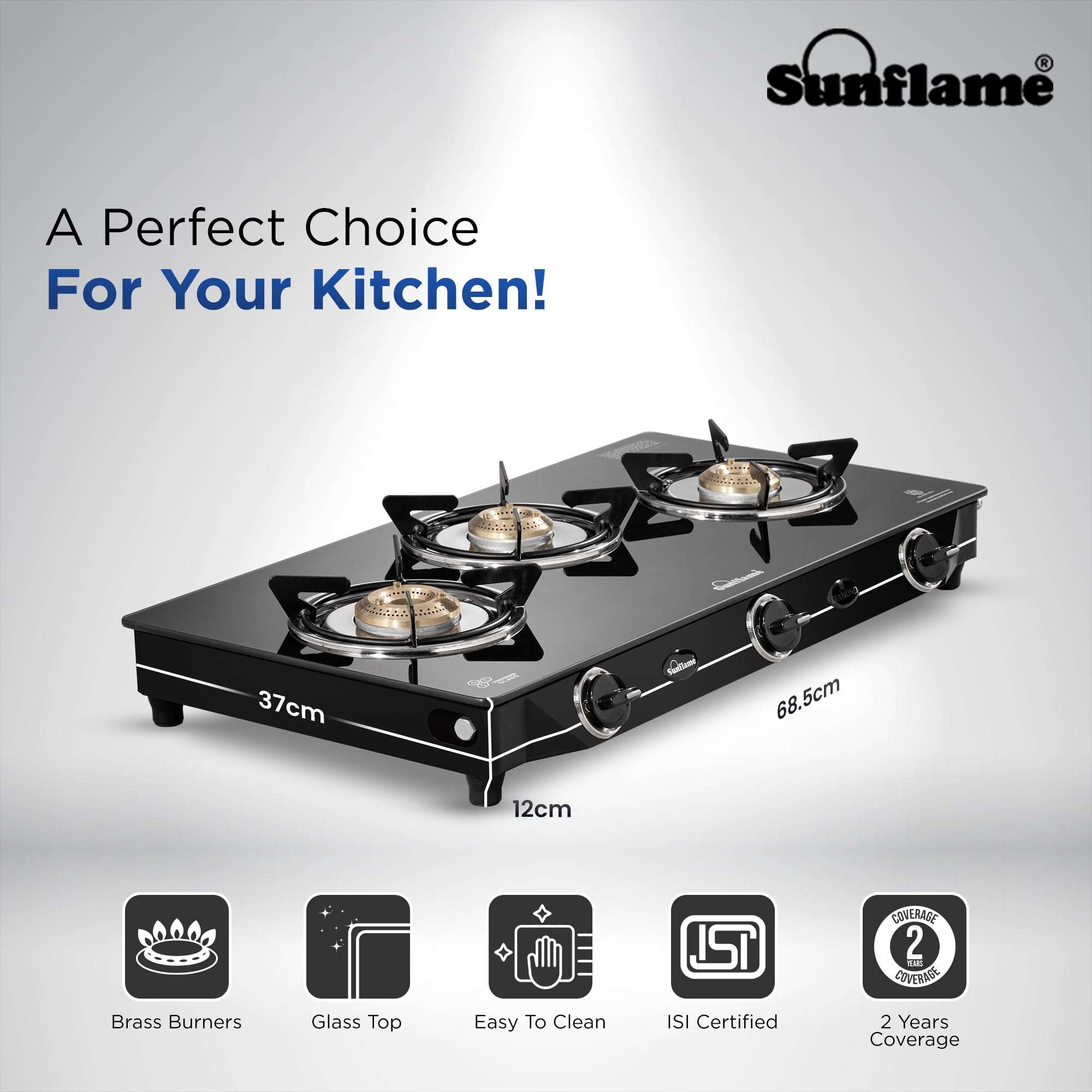 Sunflame Diamond 3 Burner Gas Stove | 1 Medium and 2 Small Brass Burners | 2-Years Product Coverage by Sunflame | Heat Resistant Ergonomic Knobs | Easy to Maintain | Toughened Glass Top 3