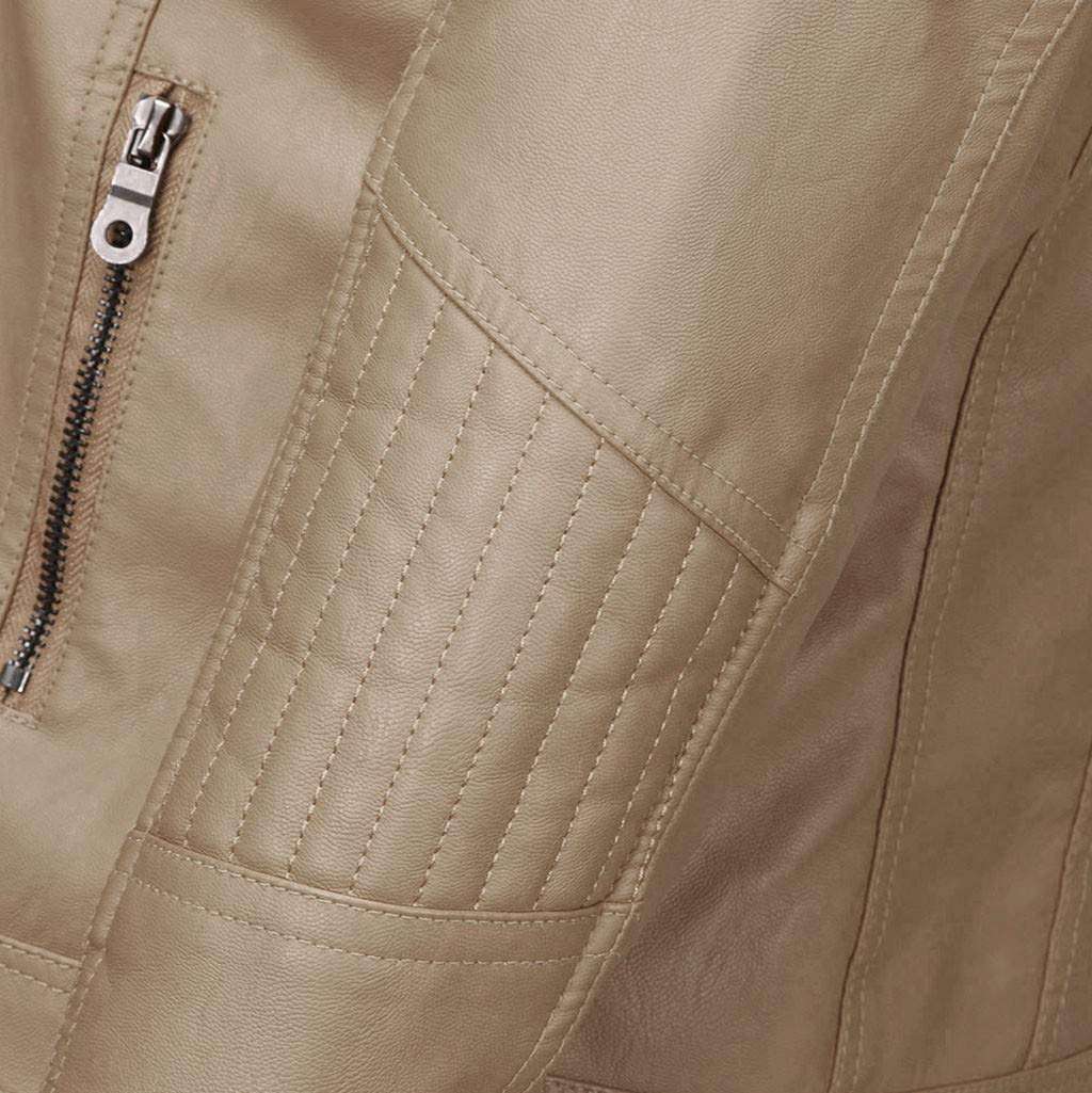 RUIVE Women’s Artificial Leather Coats Winter Warm Thicken Plush Zipper Hooded Outerwear Windbreaker Biker Bomber Jackets Khaki 4