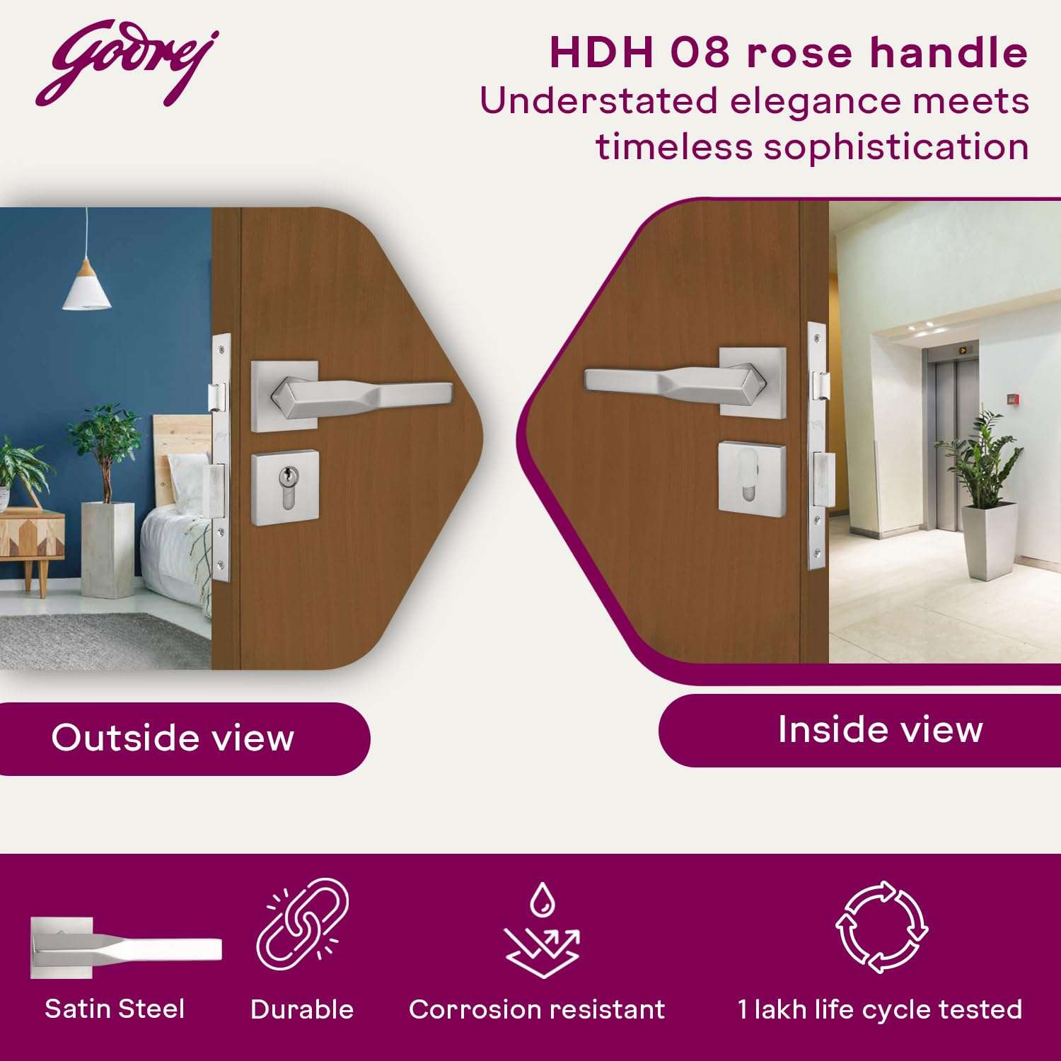 Godrej Mortise Lock|Handle Lock Set for Main & Bedroom Door|HDH 08 Rossette Home Décor Handle|Satin Steel Finish|9 Inch Lockbody|70 mm 1CK Cylinder - Knob from Inside & 3 Keys |5 Years Warranty 3
