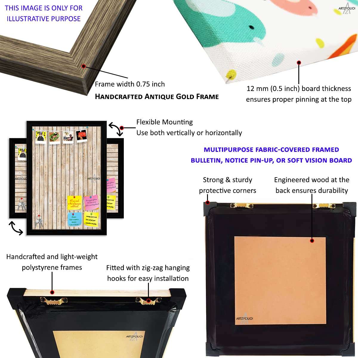 ArtzFolio Fantasy Village D1 Bulletin Notice Pin Board | Vision Soft Board | Inbuilt Key Holder Hooks | Antique Golden Frame 10 x 11.1 inch (25 x 28 cms) 4