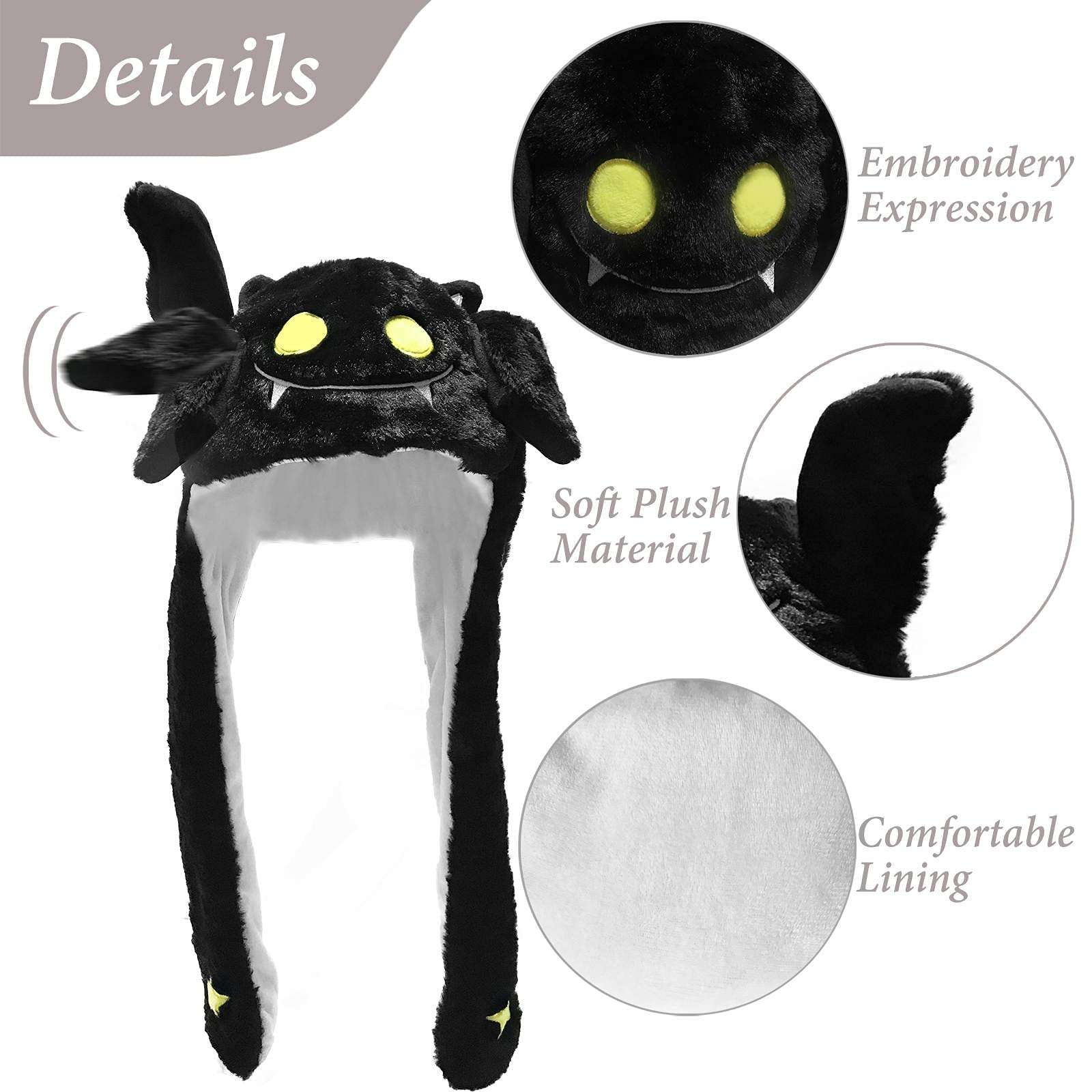 Frxvuc Ear Moving Jumping Hat Funny Plush Ghost Hat Unisex Earflaps Movable Ears Hat Cosplay Halloween Christmas Party Hat (Black) 6