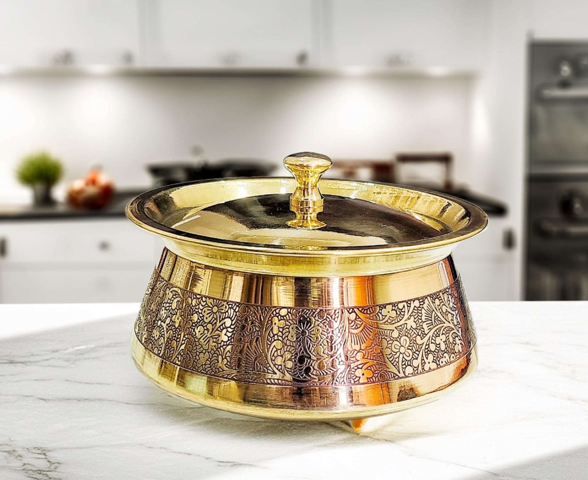 PITAL NAGRI ECRAFT Brass Kitchen Appliances Cooking Serving Pot |Biryani Handi|Urli| Embossed Design Casserole With Lid For Decoration Tableware, Home, Hotel, Restaurant Donga, ( 650 GMS Capacity 1000 Ml ) 1