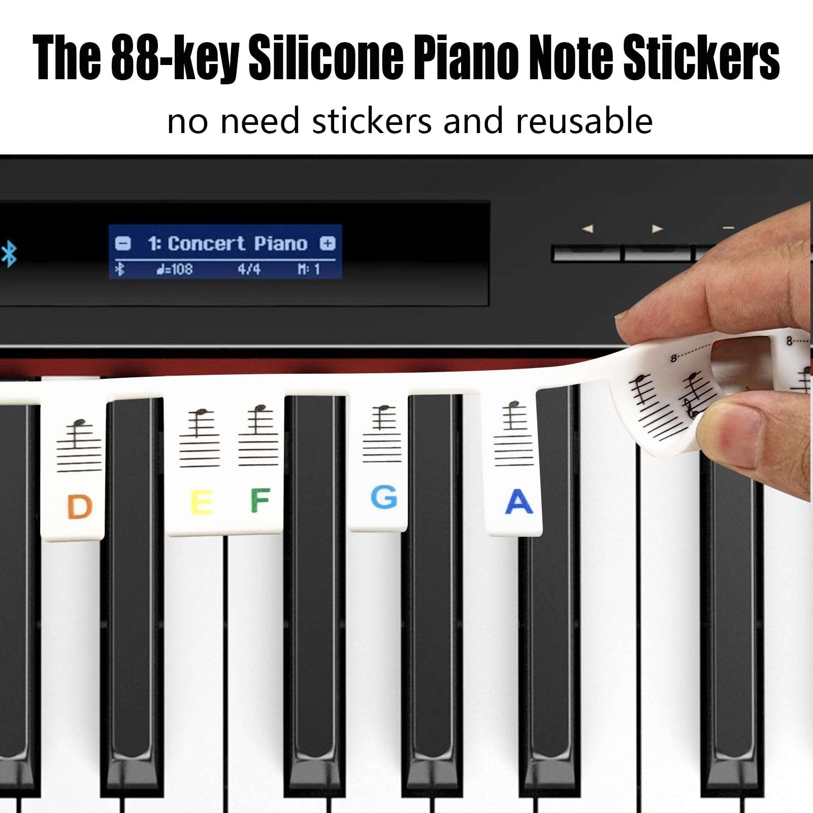 Piano Key Stickers, Removable Piano Keyboard Note Labels, Colorful 88 Key Full Size Silicone Reusable Piano Note Stickers for Beginners, No Need Stickers 3