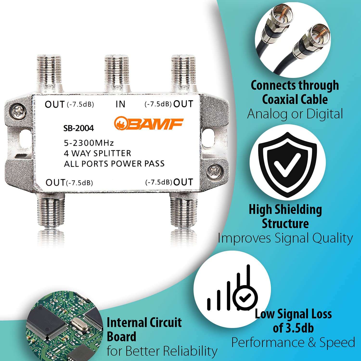 BAMF 4-Way Coax Cable Splitter Bi-Directional MoCA 5-2300MHz 6