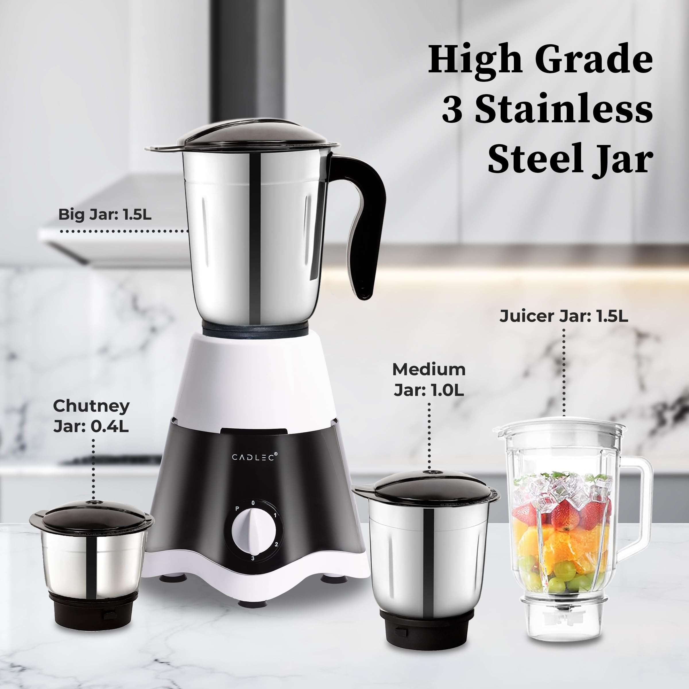 Cadlec JarGenie 4 Jar 750 Watt Mixer Grinder | High-Power Juicer, Blender & Mixer | Durable ABS Body | Multi-Function for Juicing & Blending | 2-Year Warranty 4