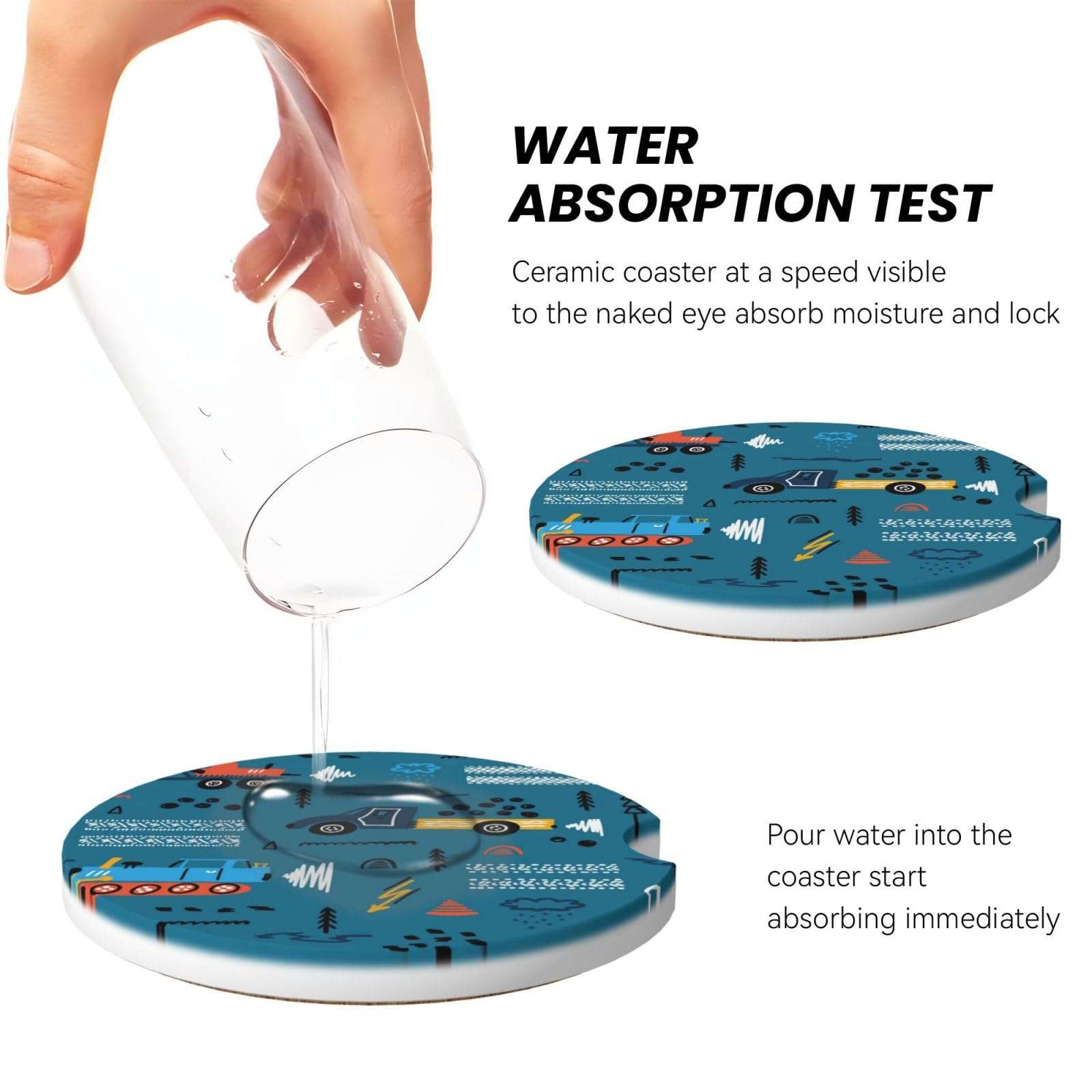 Xiso Ver Construction Trucks Car Cup Coasters 2 Pack Ceramic Cup Holders 2.56" Cork Base Drink Coasters with Finger Notch for Easy Move of Car Cup Holder 4