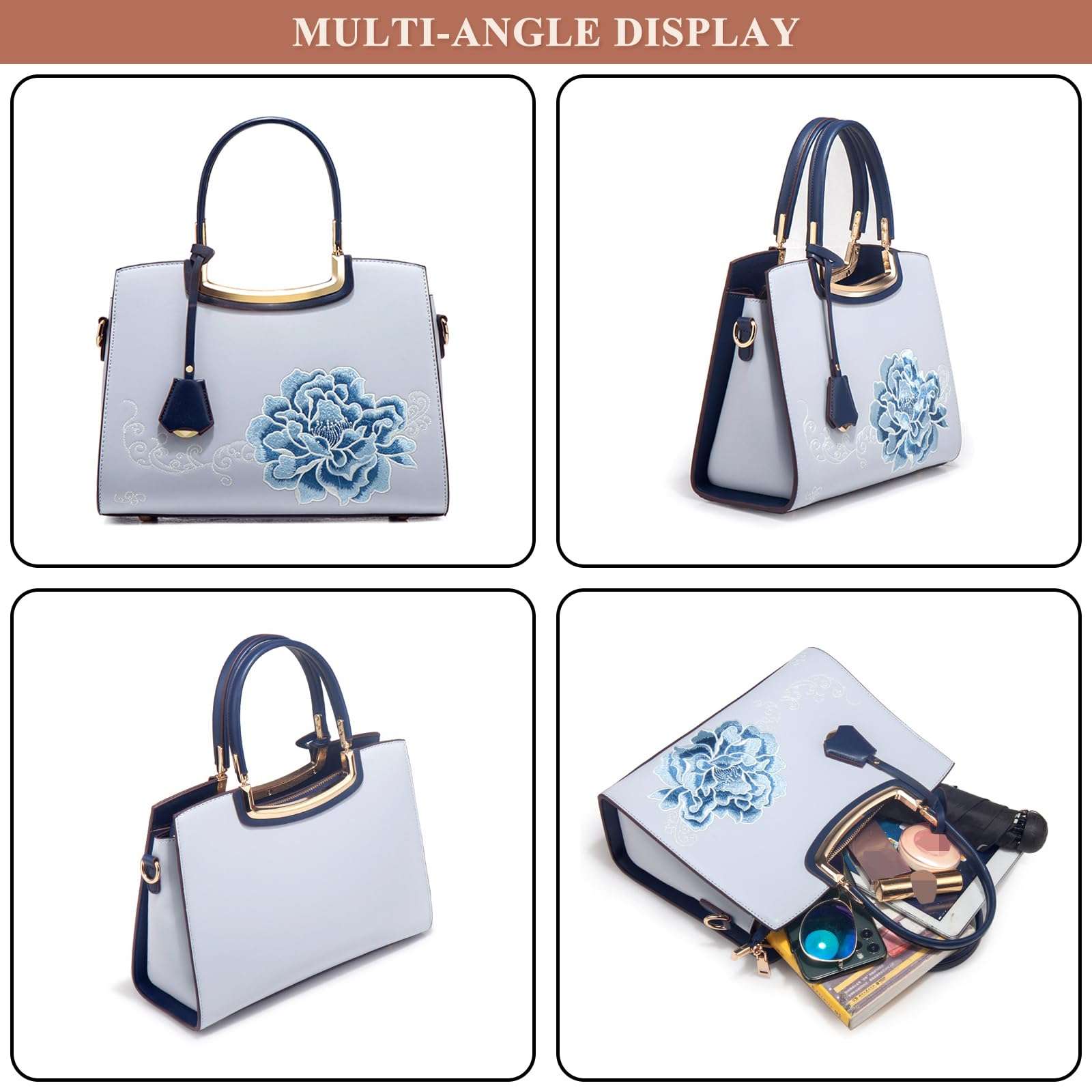 LANGSER Women's Handbag Puese PU Leather Flower Embroidery Shoulder Bag Chic Crossbody Large Commuter Top Handle Satchel Bag 3