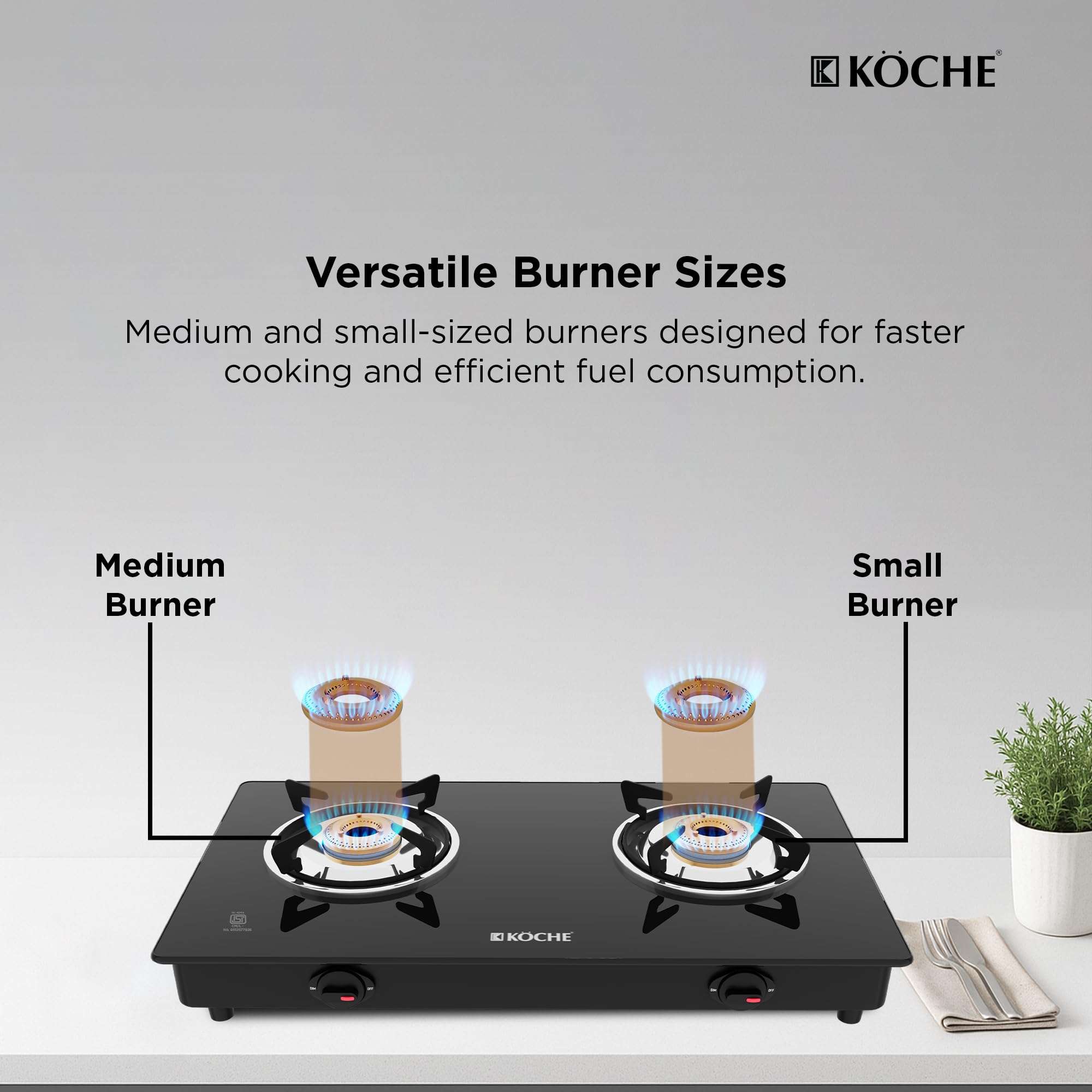 KOCHE Spartek 2B Gas Cooktop | 2 Burner Gas Stove with Toughened Glass Top | High-Power Indian Brass Burners | 360° Revolving Gas Nozzle | Steel Powder-Coated Body | 2-Year Warranty 3