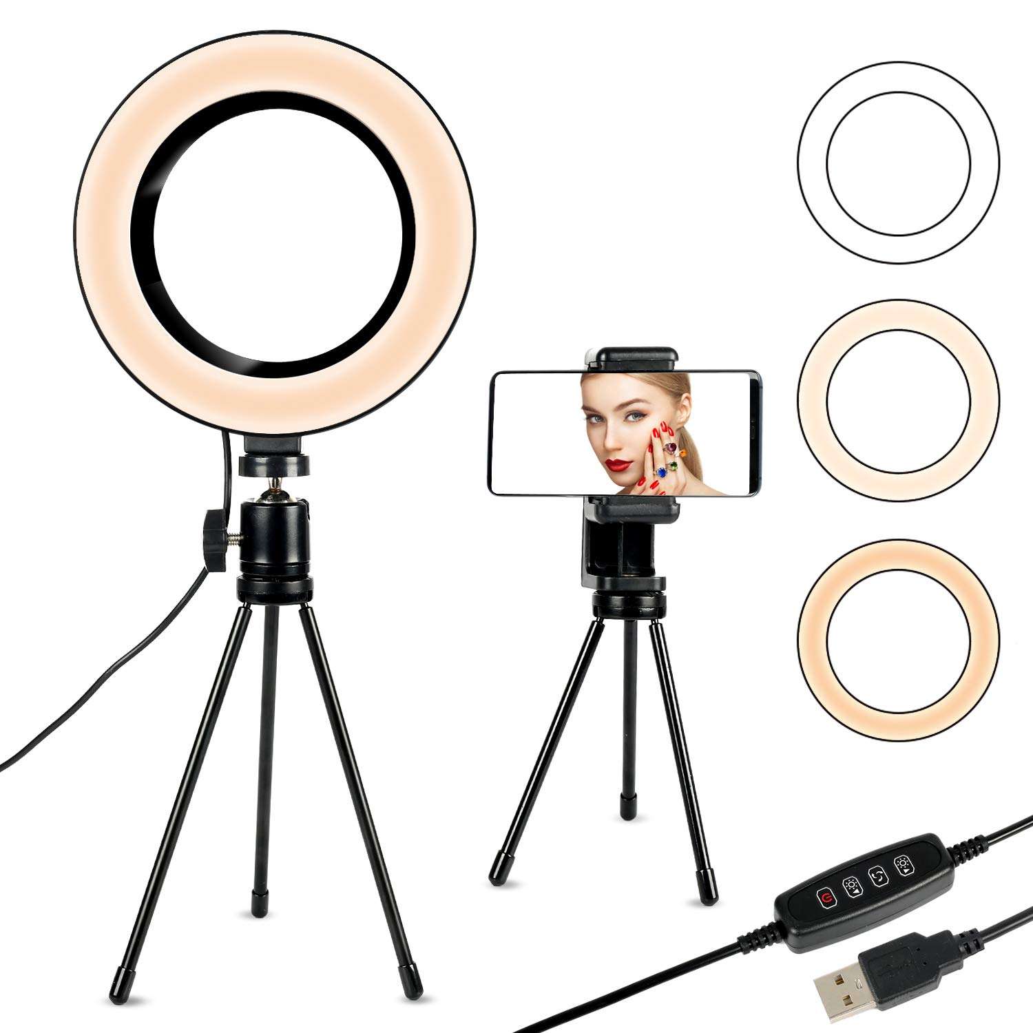 ATPATT 6.3in ring light, with tripod mobile phone holder, LED selfie ring light, with 3 lighting modes and 11 brightness levels, desktop ring light, for YouTube video/photography/makeup live broadcast