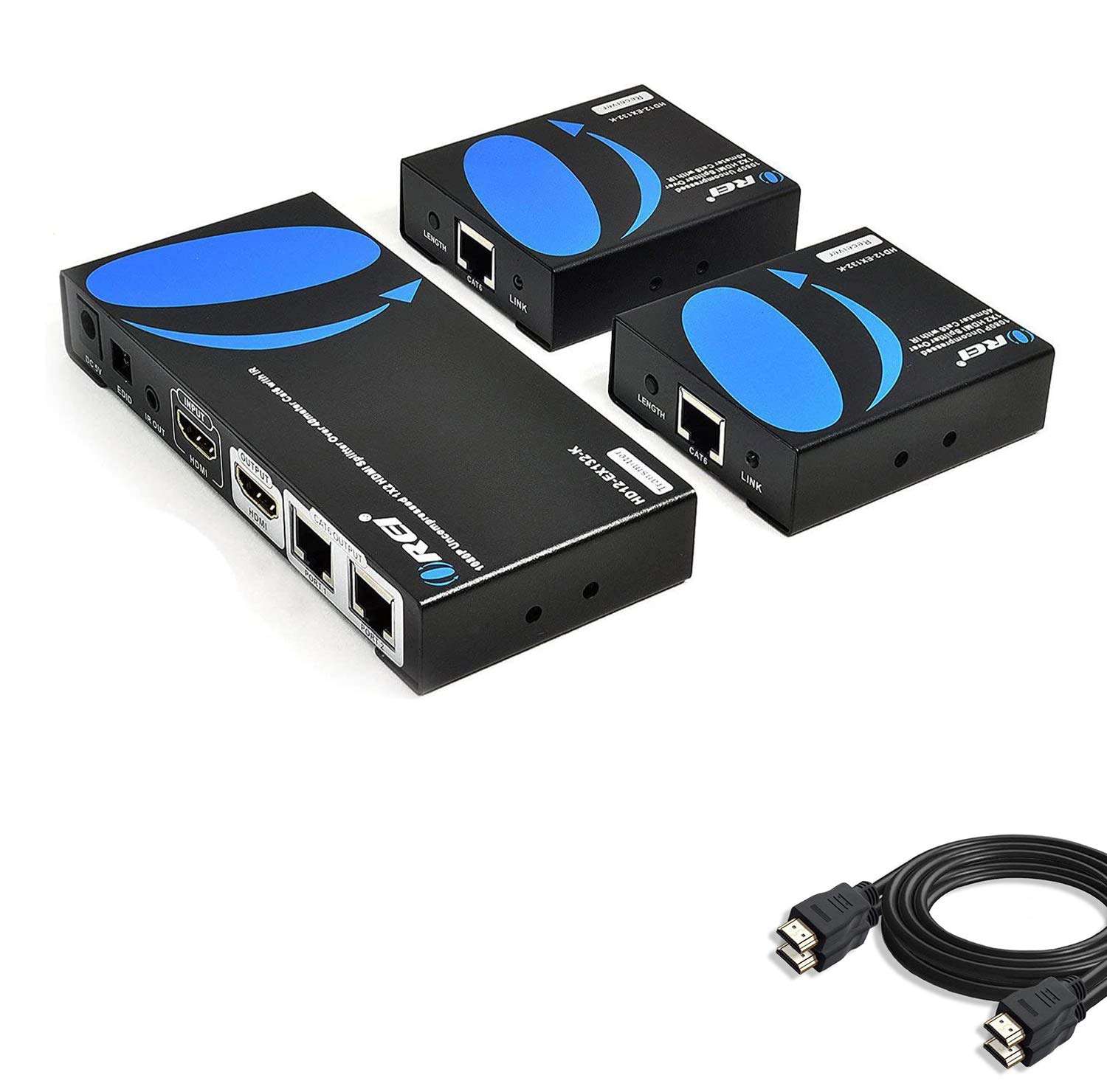 OREI Full HD 1x2 HDMI Extender Splitter Over Single Cat6/7 with 2-Pack 6ft HDMI Cable - with IR, EDID Management & Loop Out up to 132 Ft 1