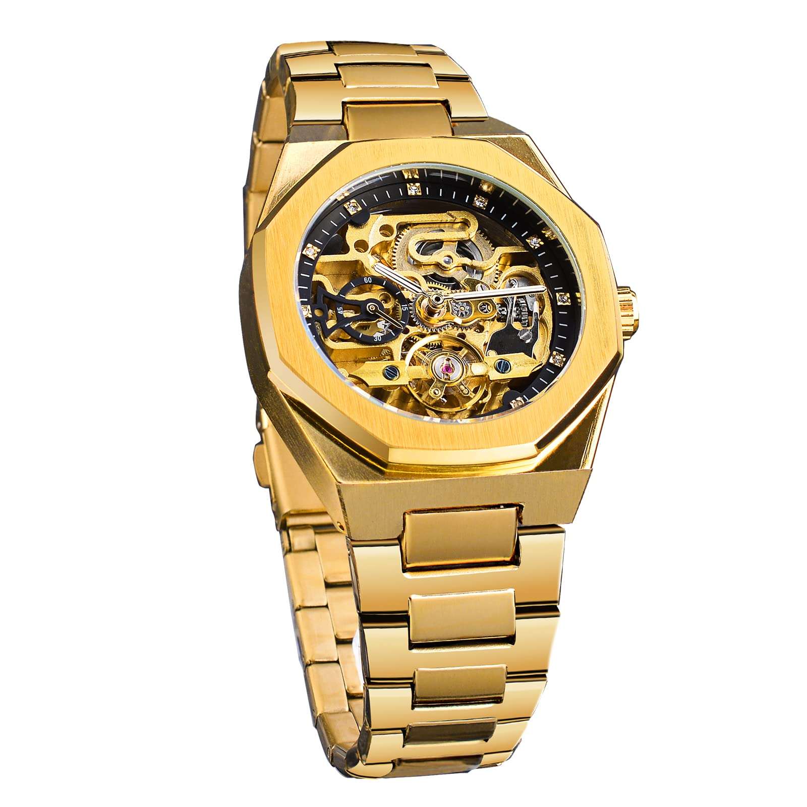 FORSINING Automatic Watch Mechanical Wrist Watch for Men Octagonal Waterproof Skeleton Watches Luxury Diamond Tourbillon Silver Stainless Steel Band