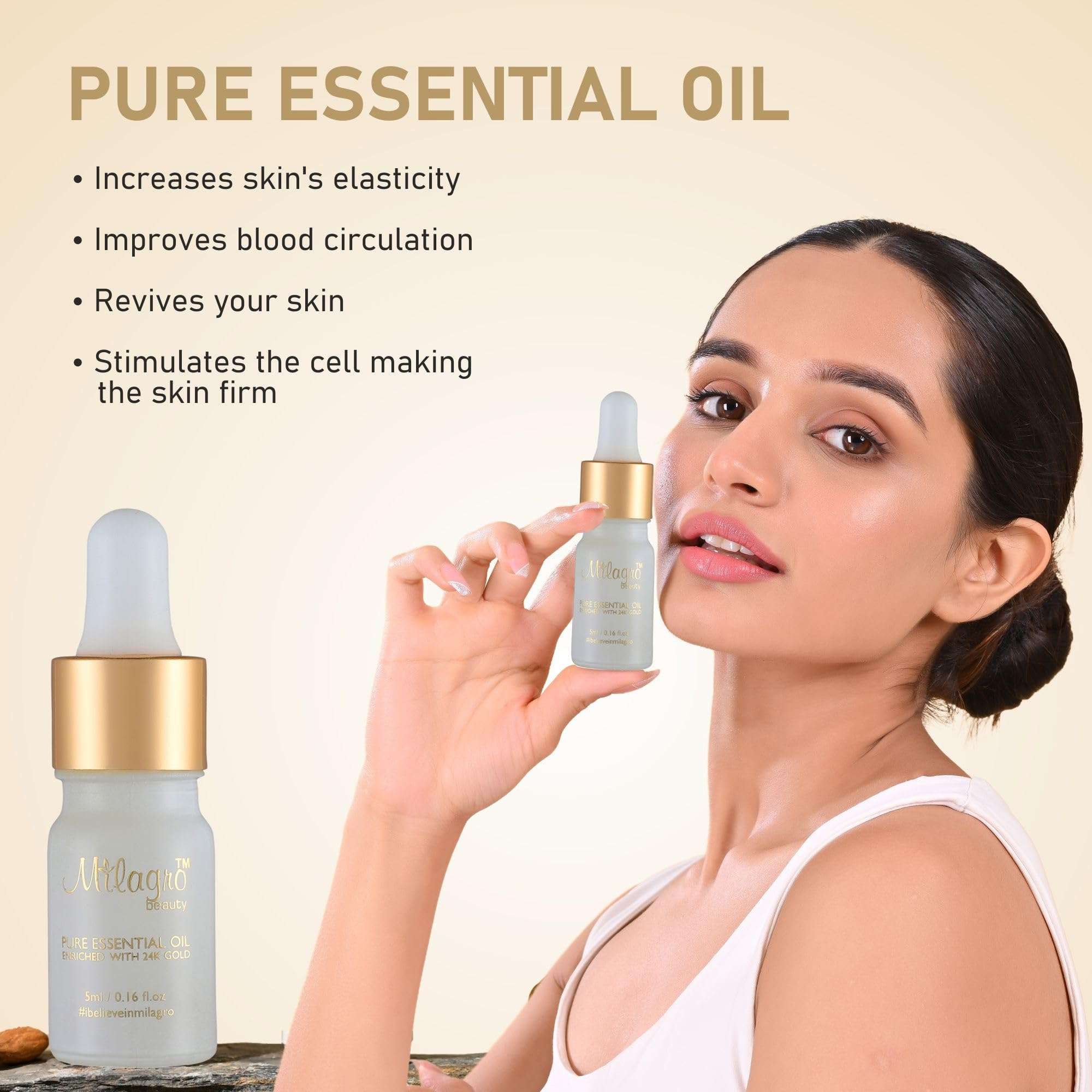 Milagro Beauty 24K Gold Leaves Pure Essential Oil with Goodness of Lemongrass, Sunflower & Almond for Skin Hydration Anti-ageing Glow Booster Primer for Dewy Foundation Finish (5ml) 3