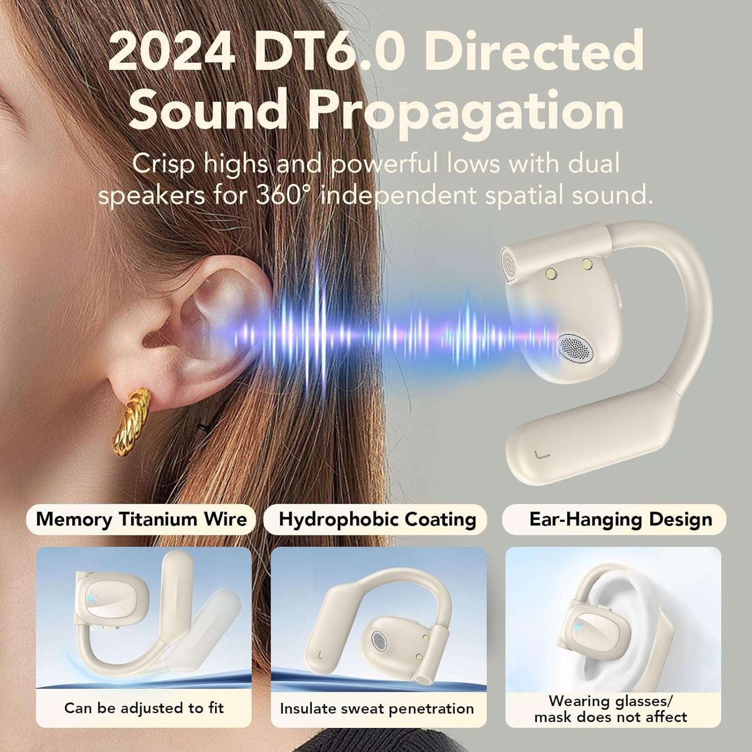 Hendari Open Ear Bluetooth 5.3 Headphones, Wireless Earbuds Sport Over Earphones Built-in Mic with Earhooks 75H Playtime Ear Buds LED Display Charging Case, IPX5 Waterproof for Running Fitness, White 6