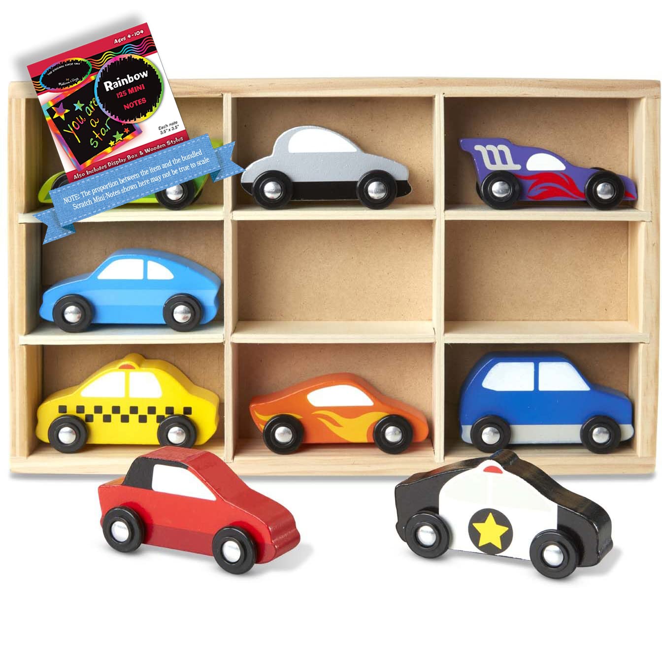 Melissa & Doug Wooden 9-Piece Cars Set Bundle with 1 Theme Compatible M&D Scratch Fun Mini-Pad (03178)