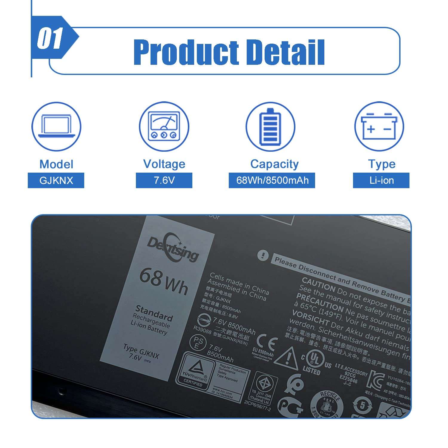 Dentsing 7.6V 68Wh/8500mAh 4-Cell GJKNX Laptop Battery Compatible with Dell Latitude E5480 E5580 E5490 E5491 E5590 E5591 Precision 15 3520 M3530 Series Notebook 93FTF GD1JP DY9NT 5YHR4 451-BBZG 2