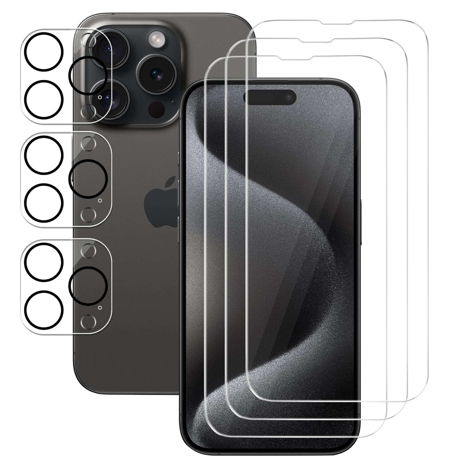 GLIMALL 3 Pack Screen Protector for iPhone 15 pro with 3 Pack Camera Lens Covers, HD Tempered Glass, 9H Hardness, Full Coverage, Scratch-Resistant, Waterproof, Bubble-Free 1